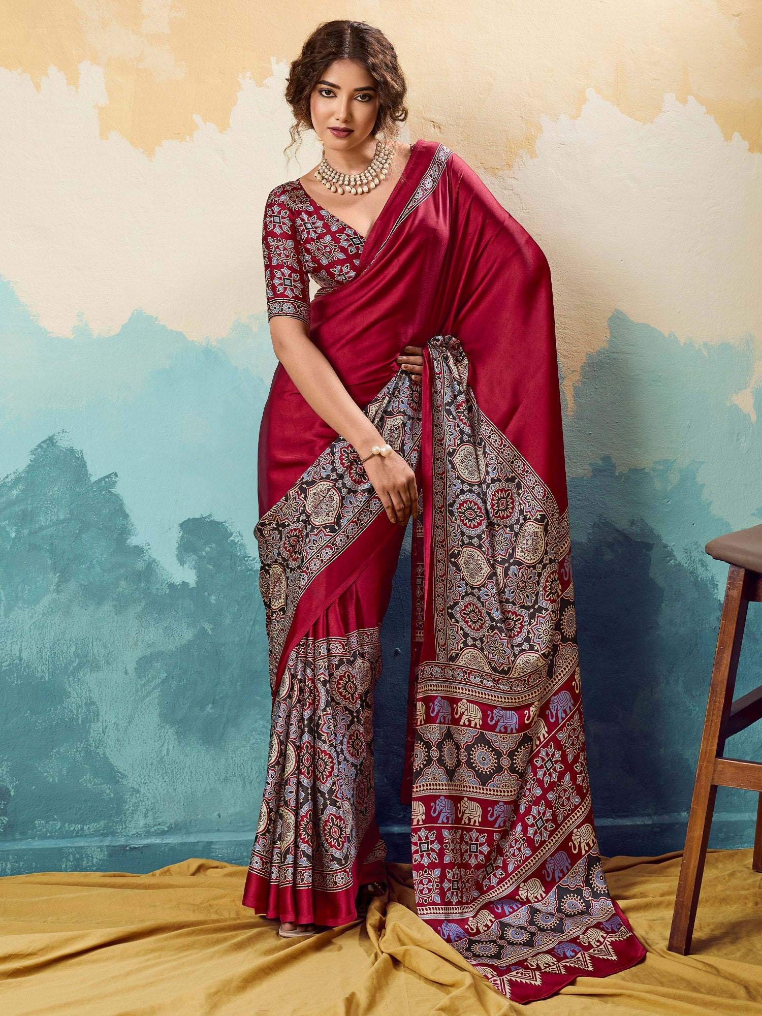 Maroon Ajrakh Printed Saree - Ressa