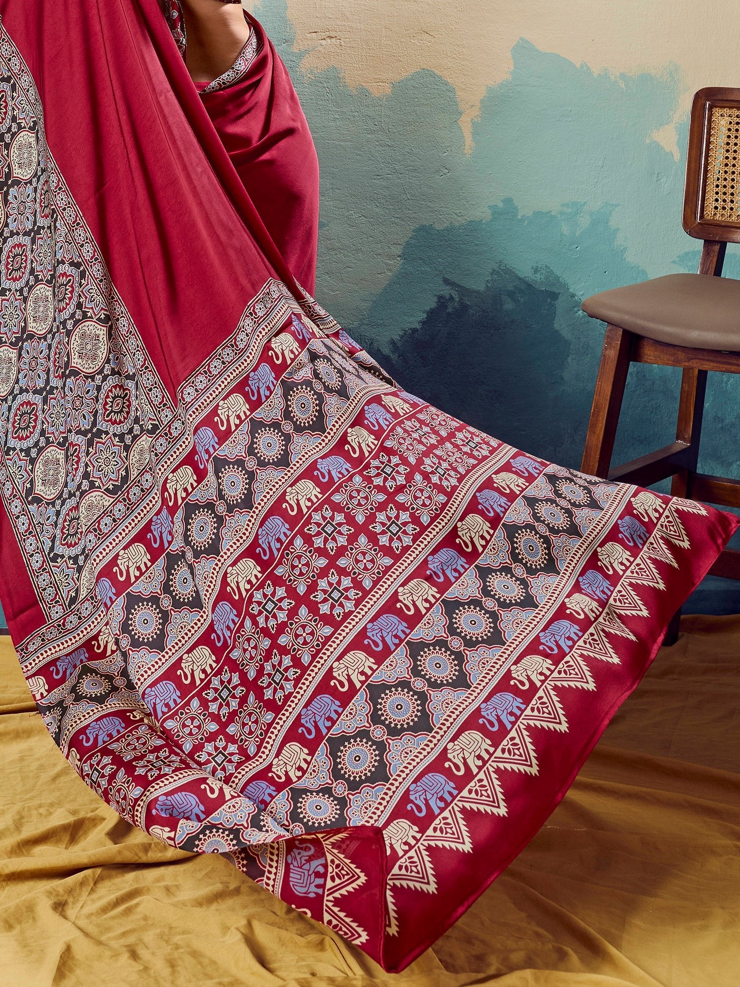 Maroon Ajrakh Printed Saree - Ressa