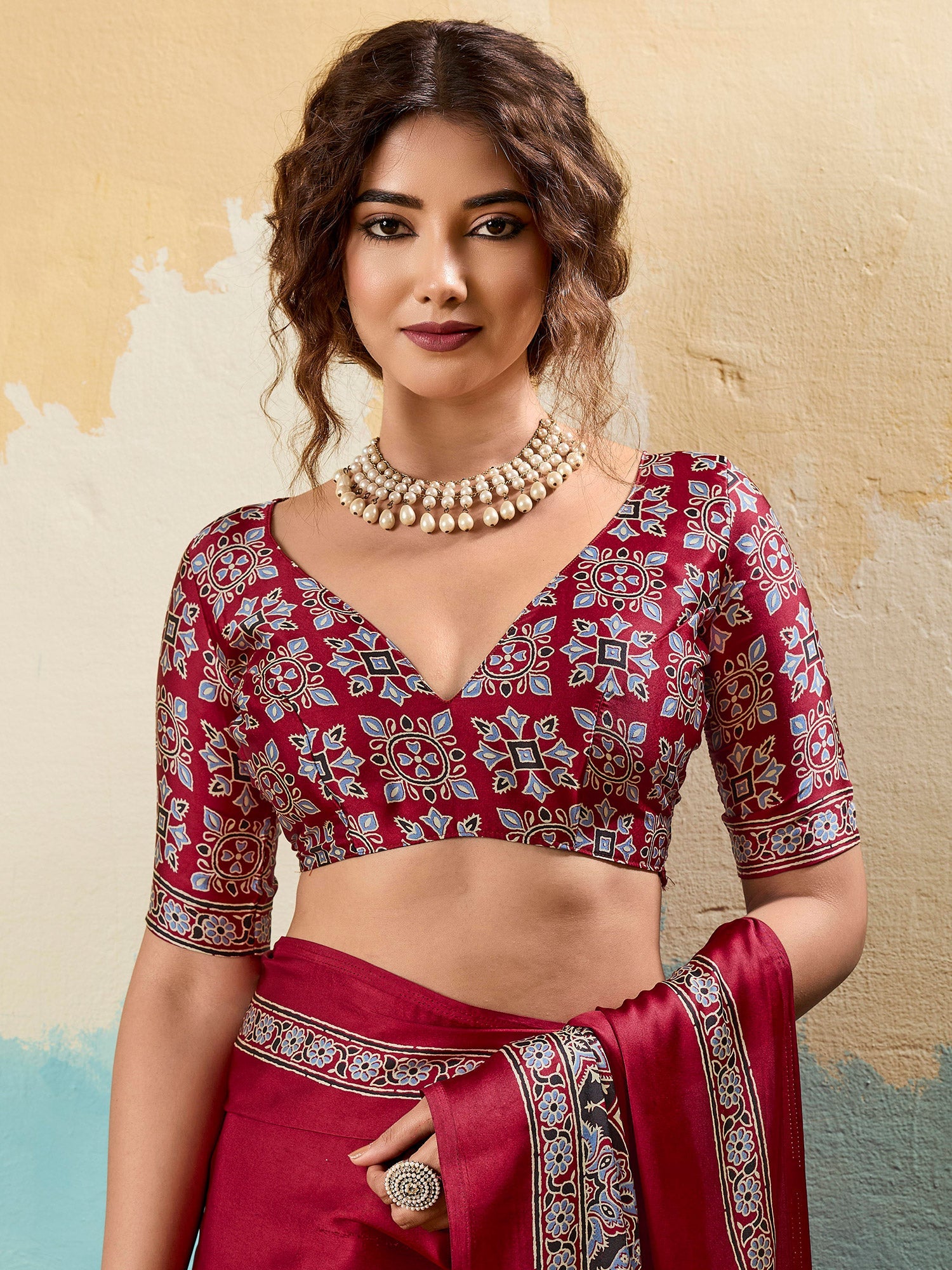 Maroon Ajrakh Printed Saree - Ressa