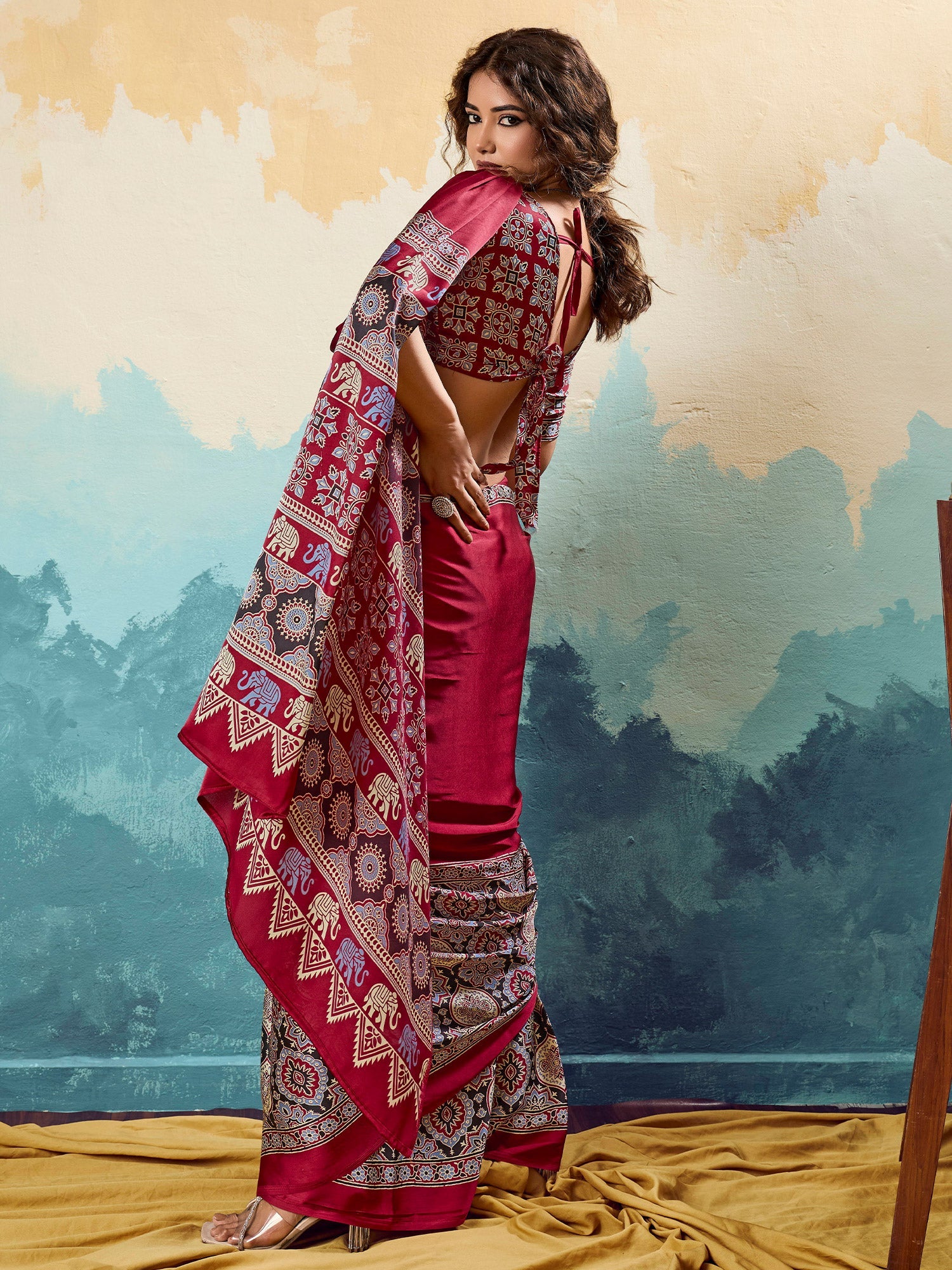 Maroon Ajrakh Printed Saree - Ressa