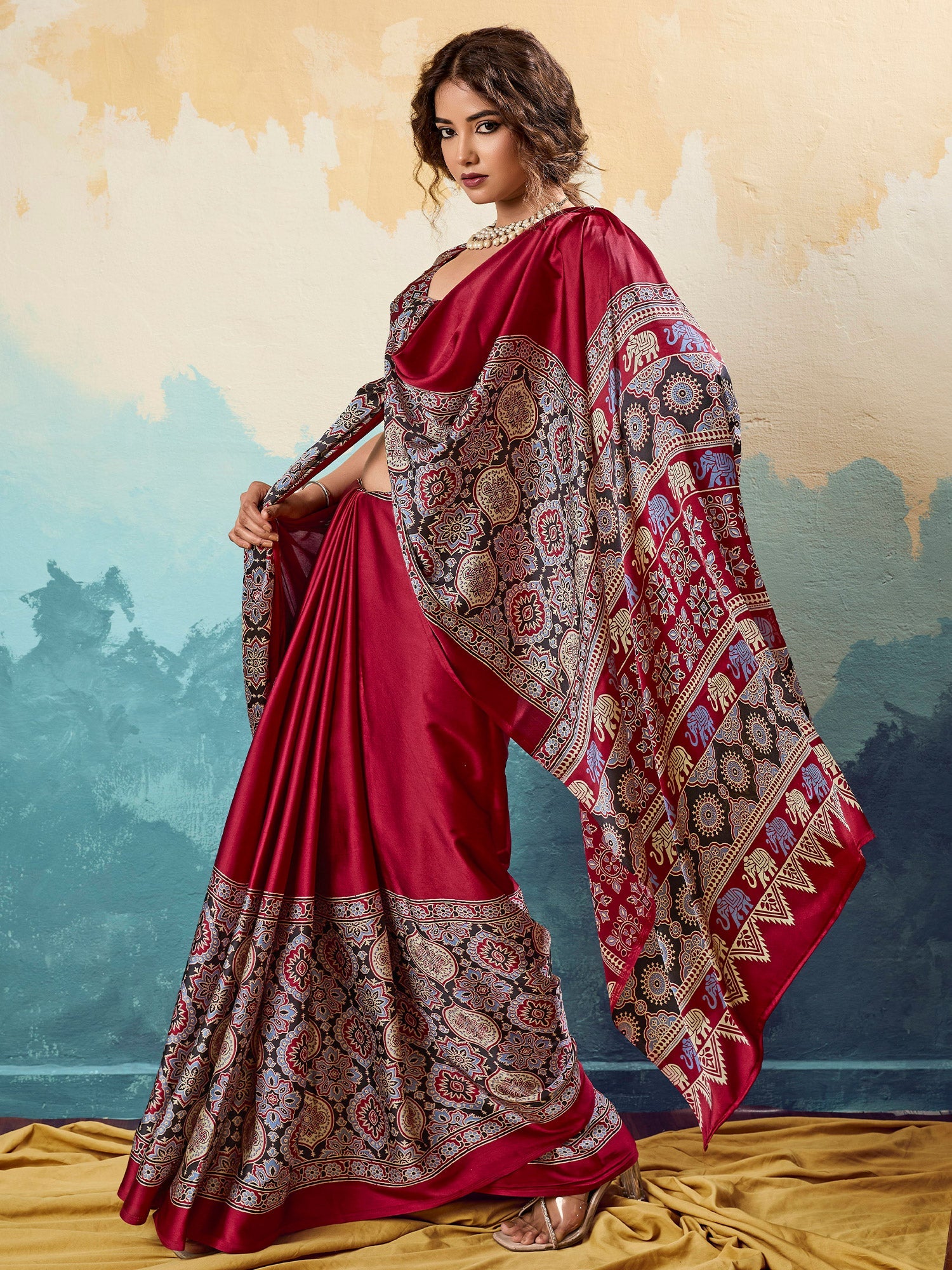 Maroon Ajrakh Printed Saree - Ressa