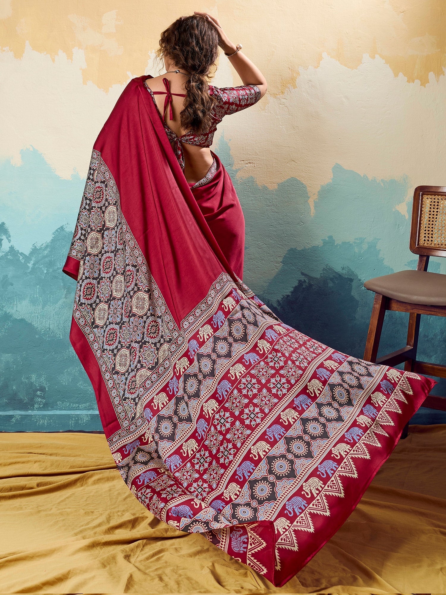 Maroon Ajrakh Printed Saree - Ressa