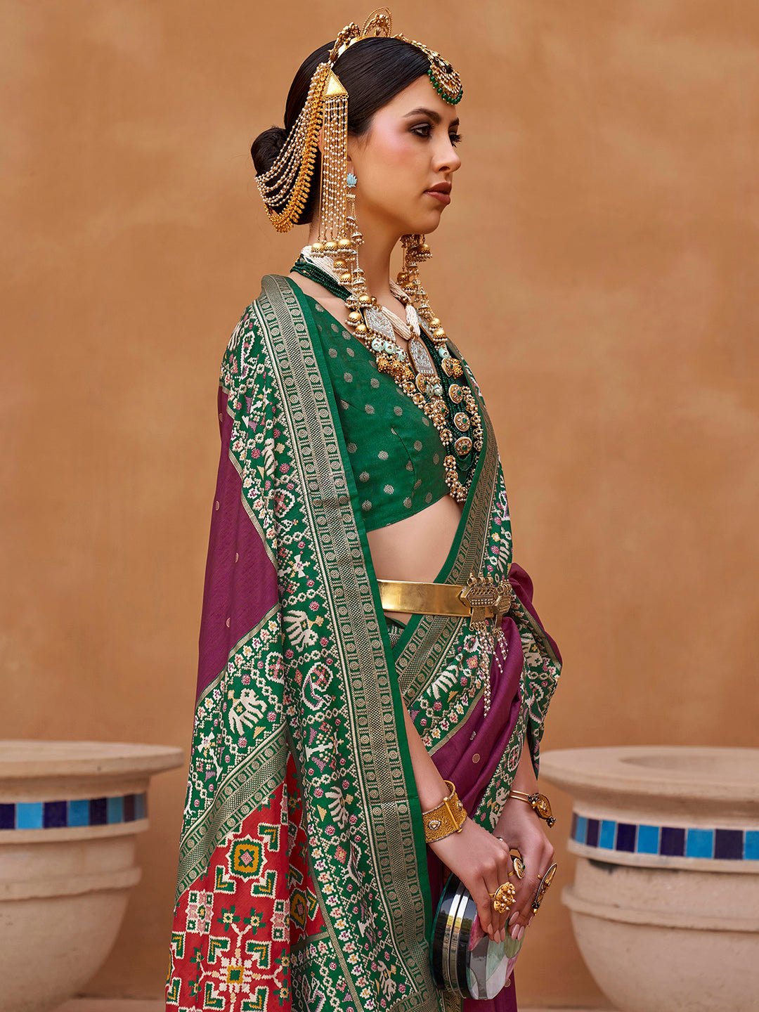 Maroon and Green Silk Blend Heritage Zari Weaving Saree - Ressa