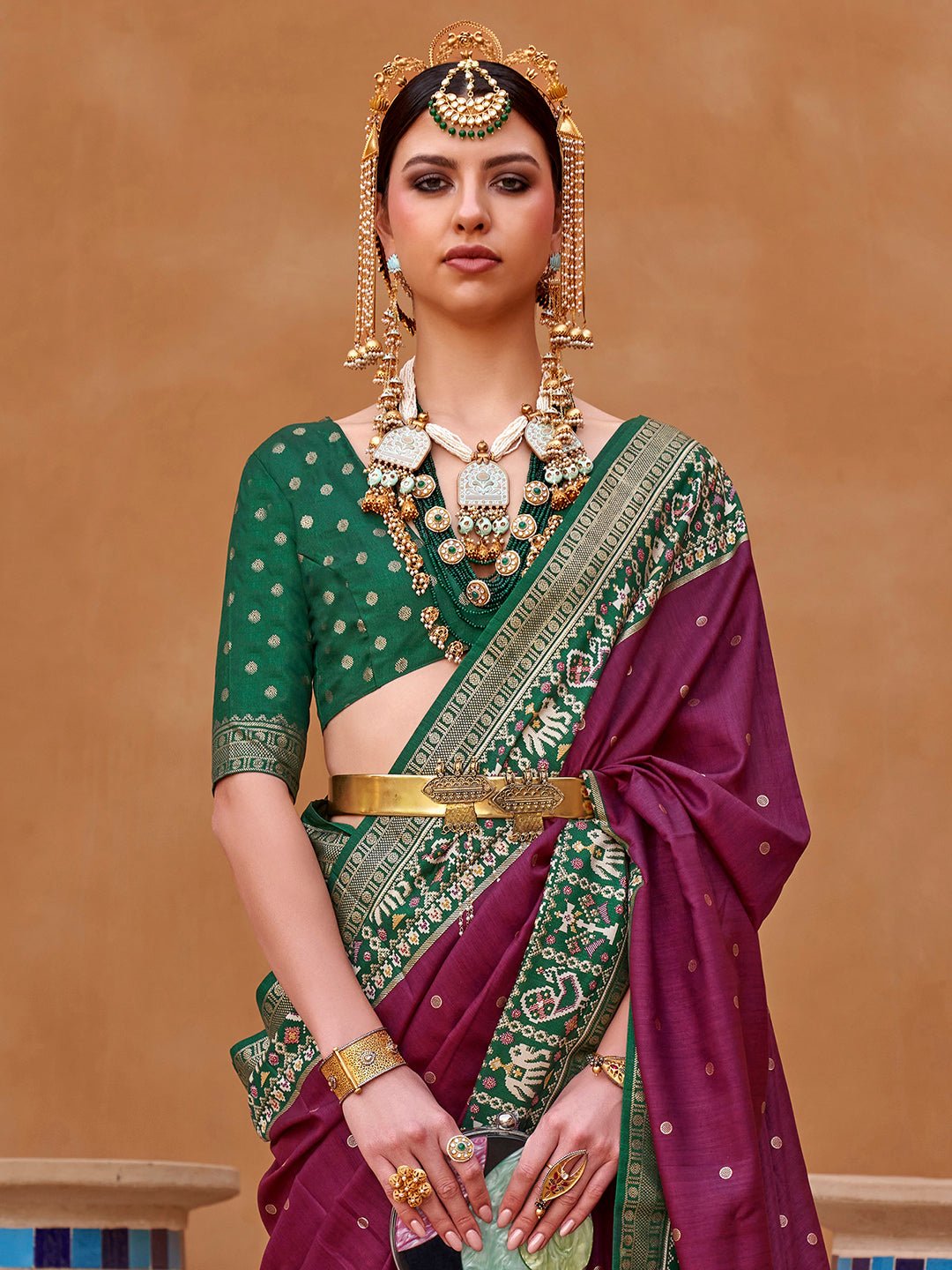 Maroon and Green Silk Blend Heritage Zari Weaving Saree - Ressa
