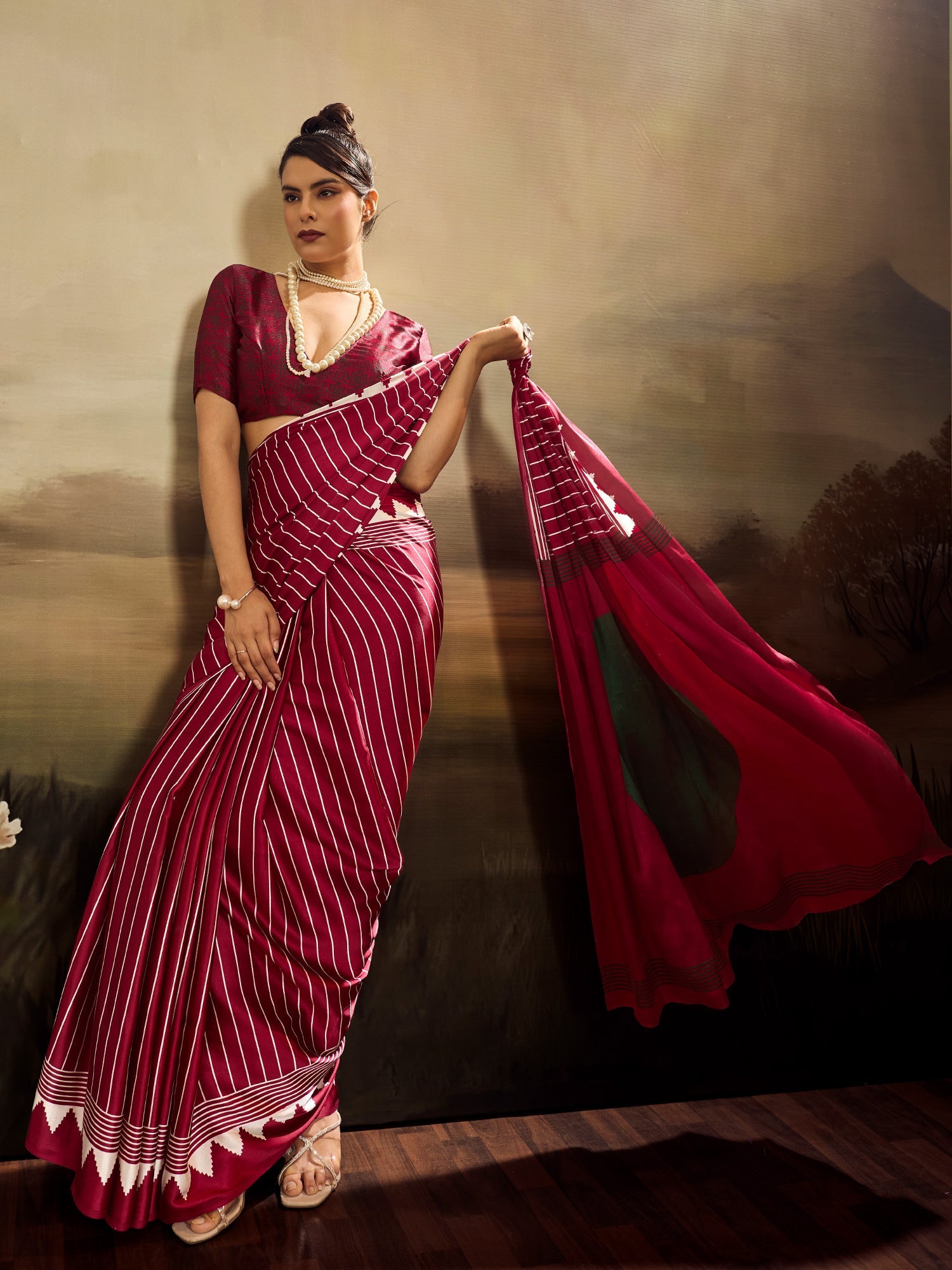 Maroon and White Striped Ikat Silk Saree - Ressa