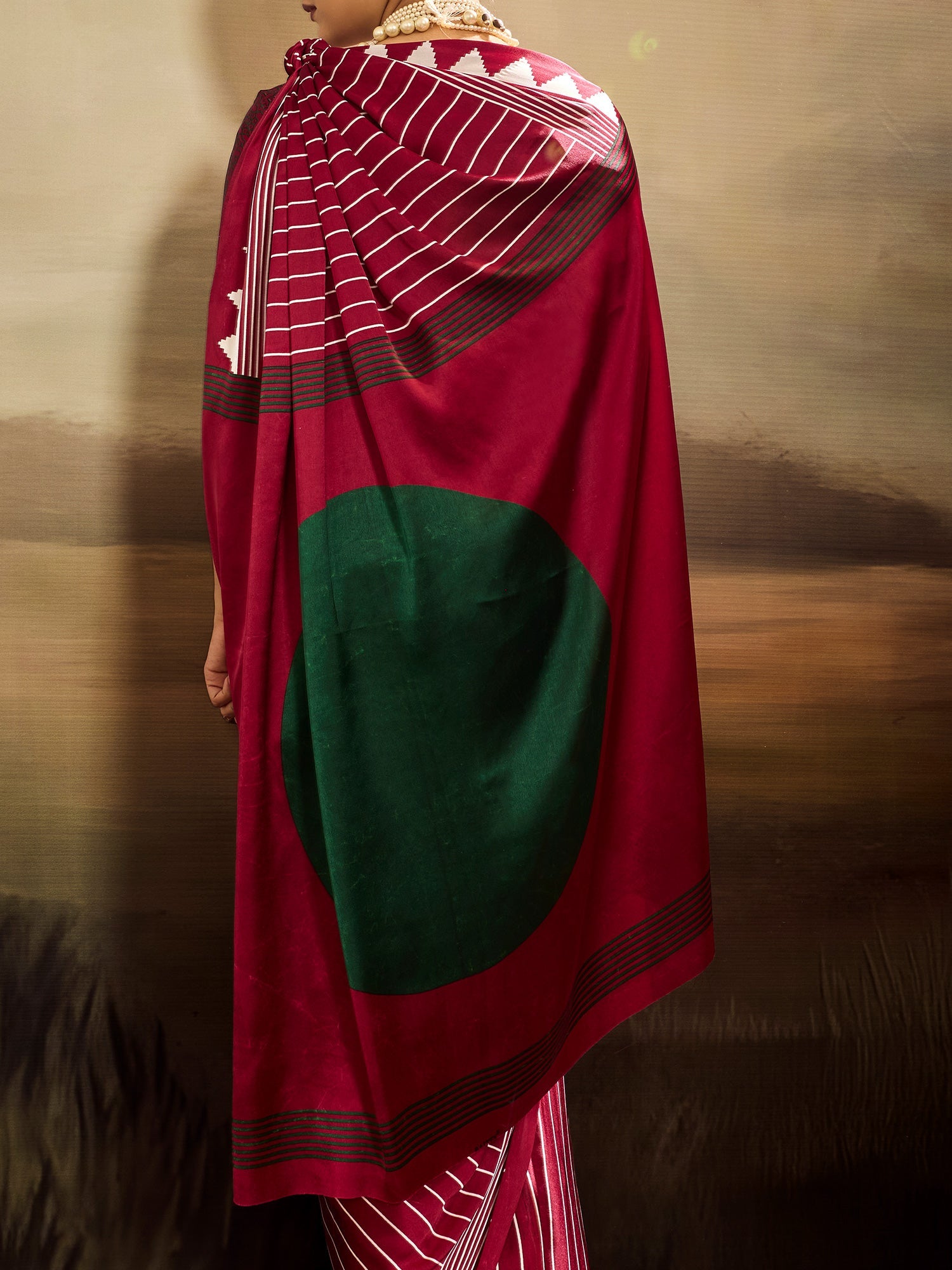 Maroon and White Striped Ikat Silk Saree - Ressa
