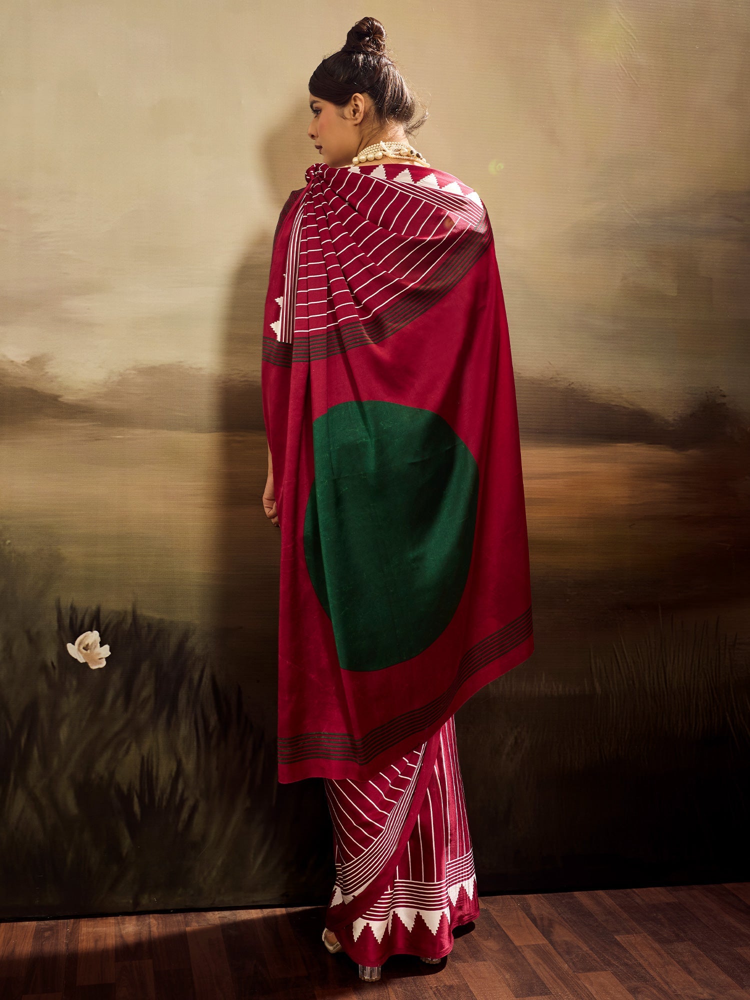 Maroon and White Striped Ikat Silk Saree - Ressa