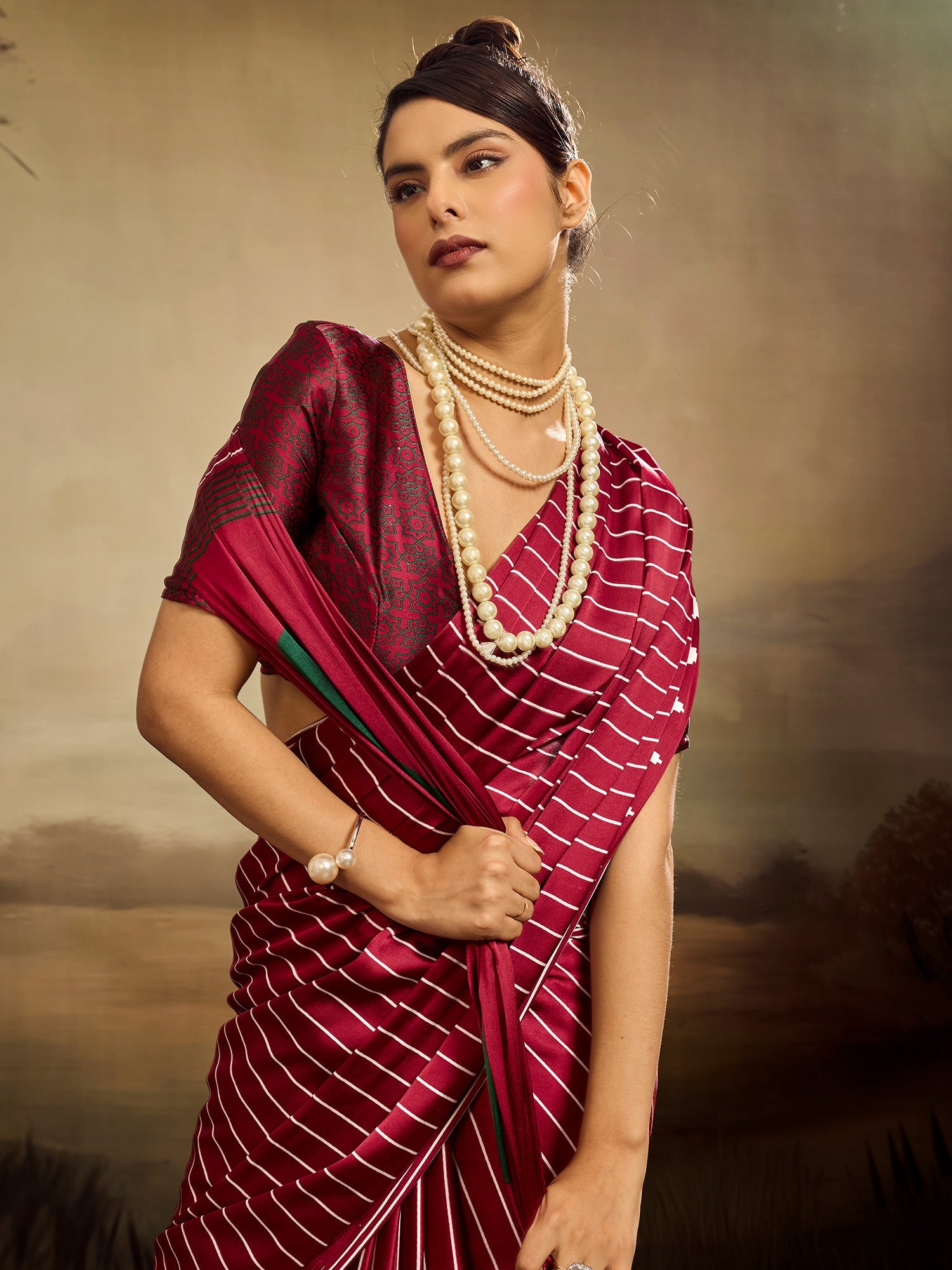 Maroon and White Striped Ikat Silk Saree - Ressa