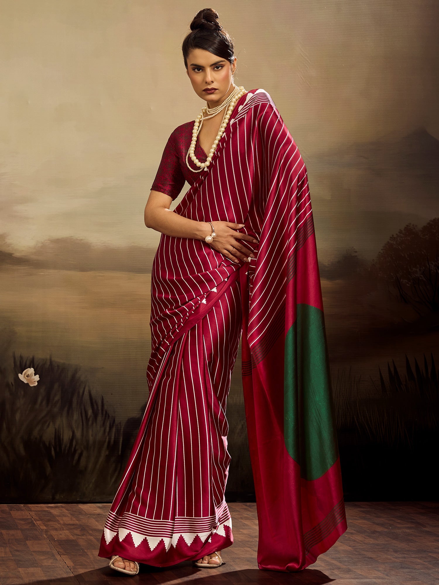 Maroon and White Striped Ikat Silk Saree - Ressa