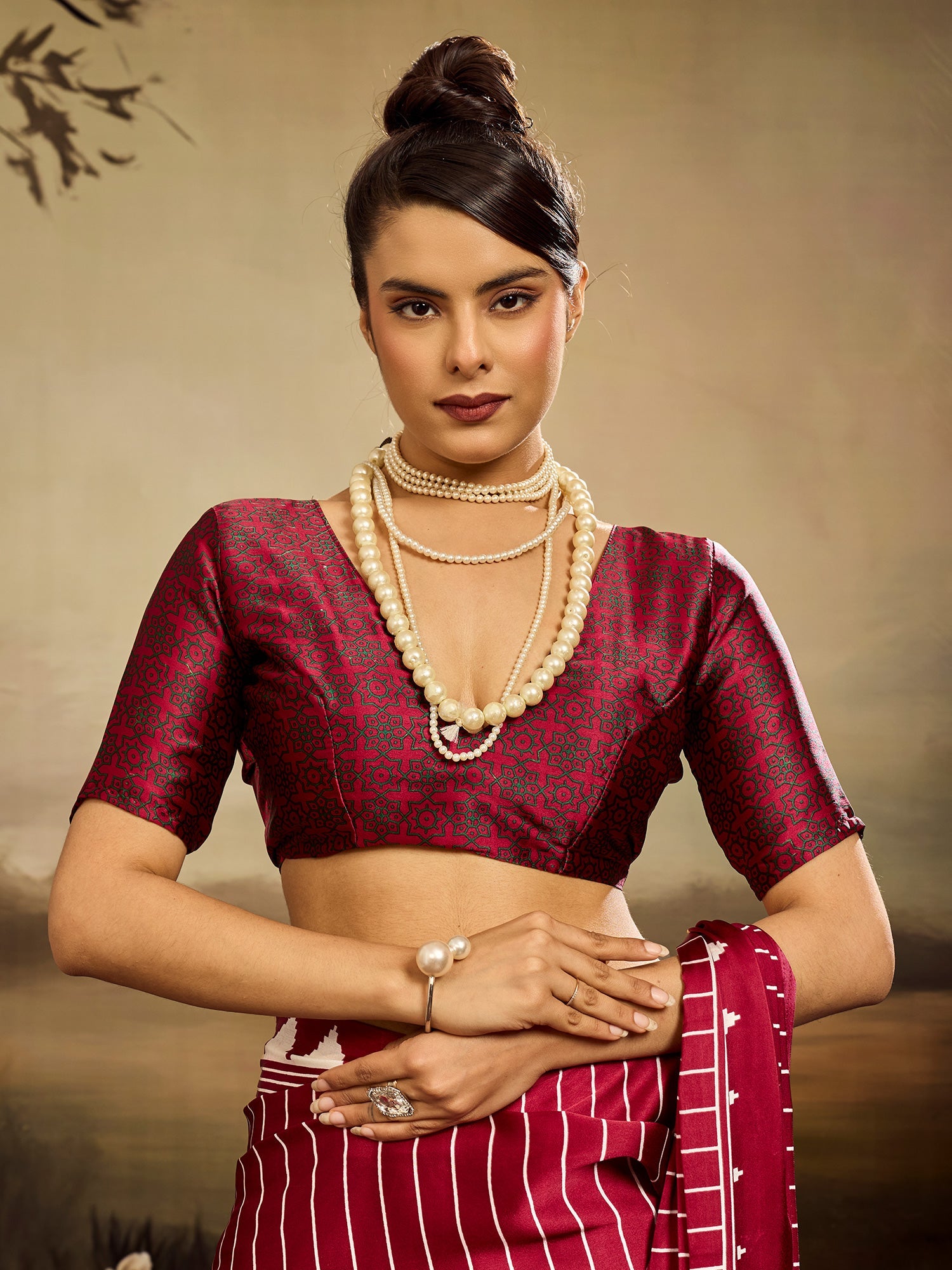 Maroon and White Striped Ikat Silk Saree - Ressa