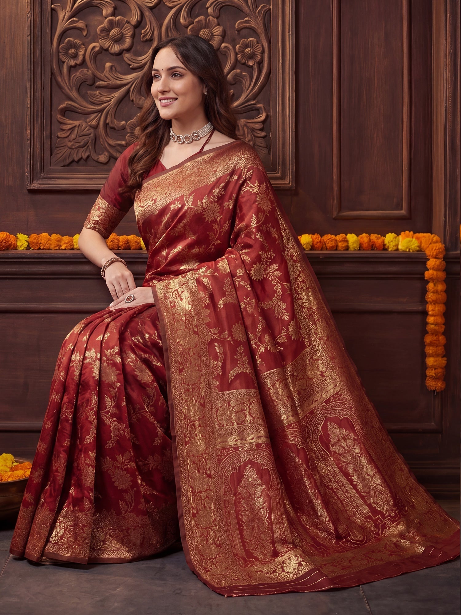 Maroon Banarasi Silk Golden Zari Weaving Saree - Ressa