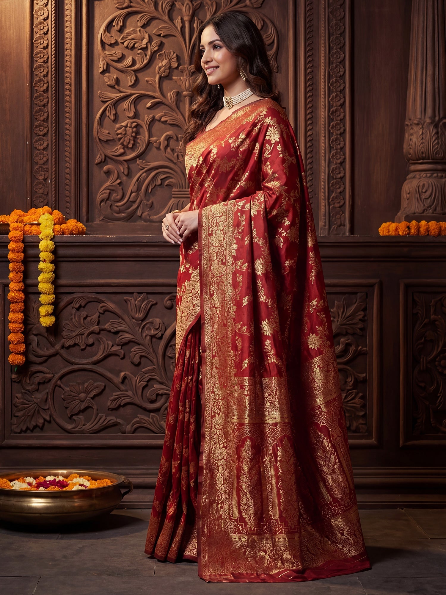Maroon Banarasi Silk Golden Zari Weaving Saree - Ressa