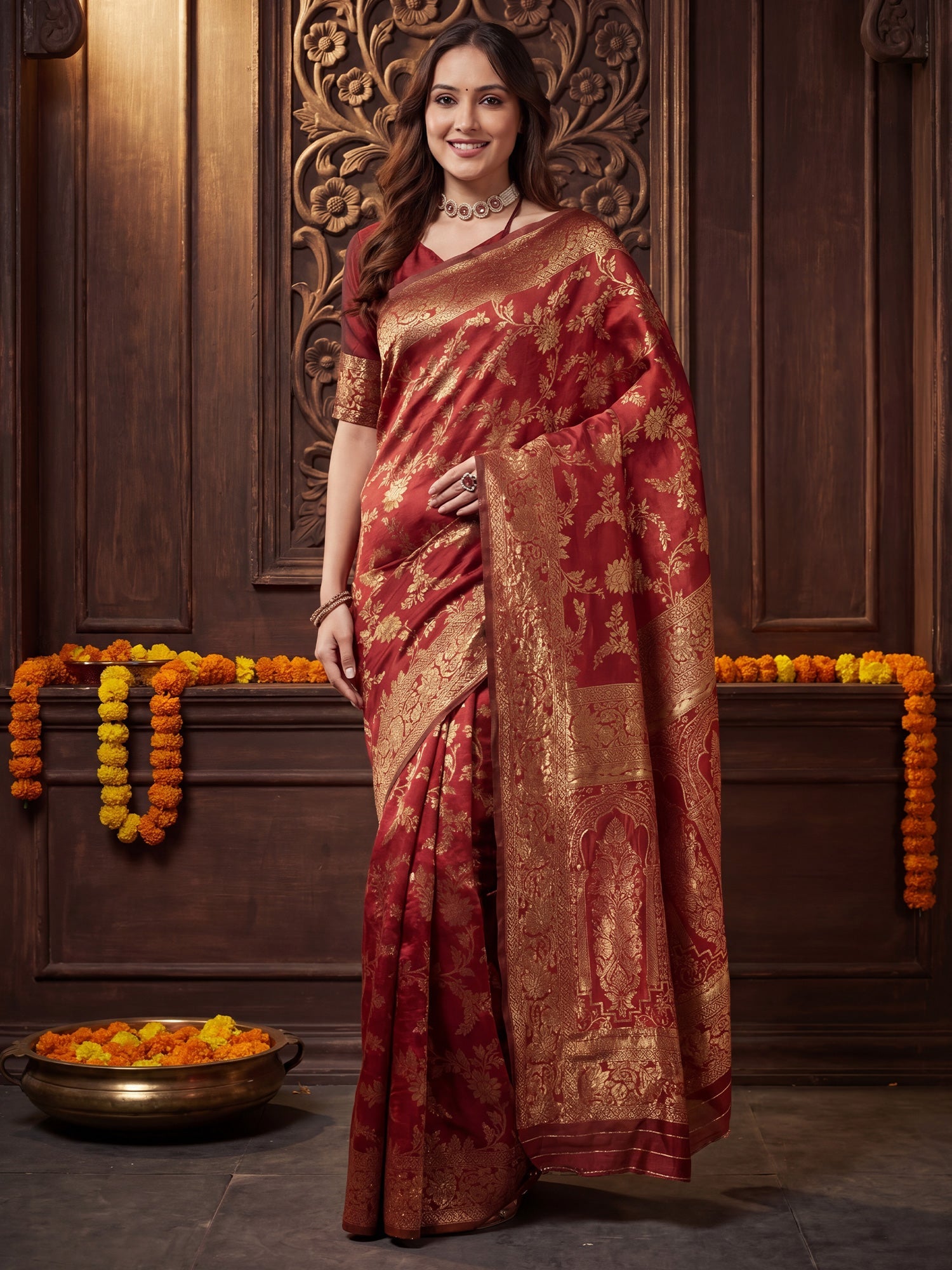Maroon Banarasi Silk Golden Zari Weaving Saree - Ressa