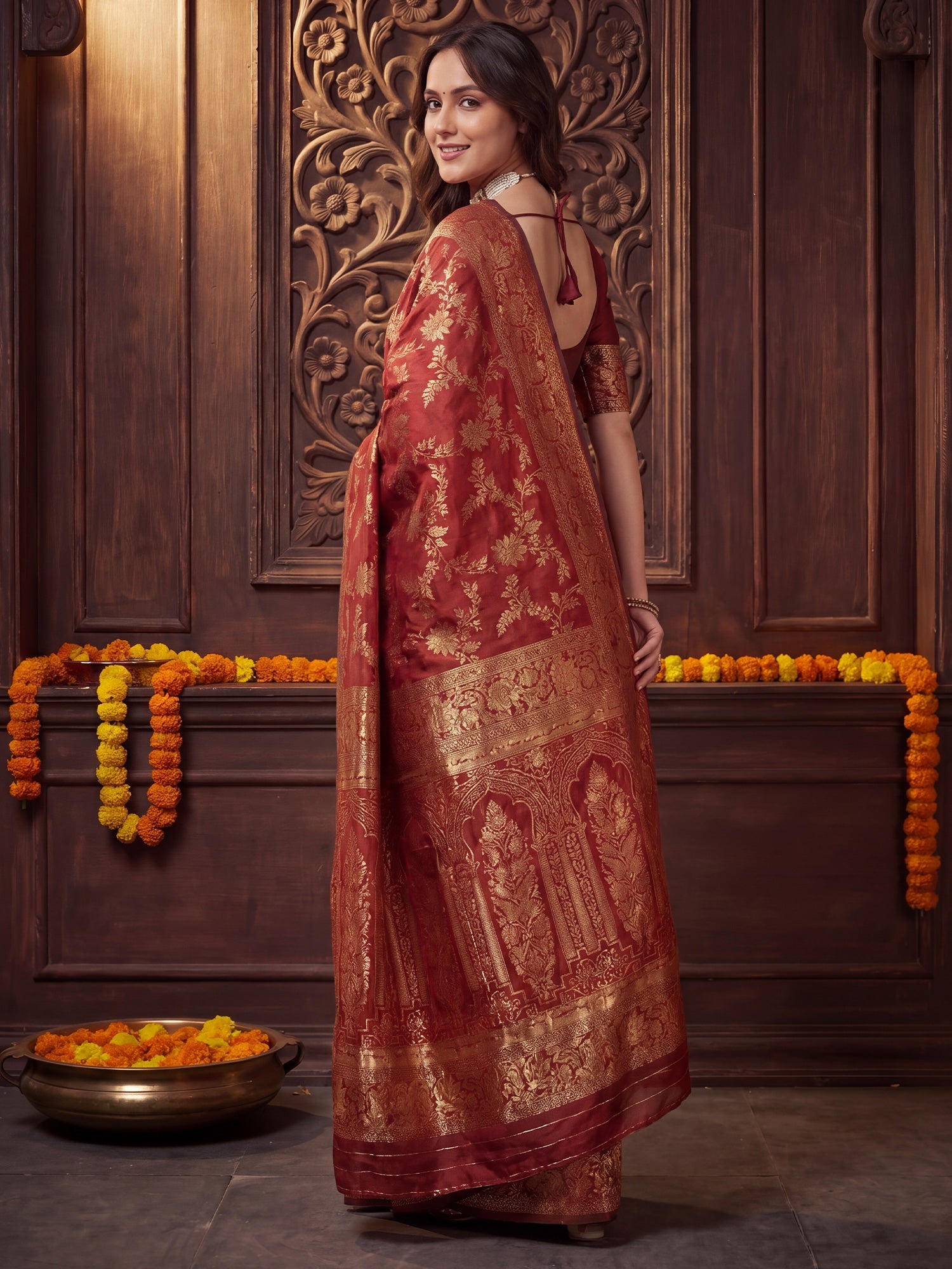 Maroon Banarasi Silk Golden Zari Weaving Saree - Ressa
