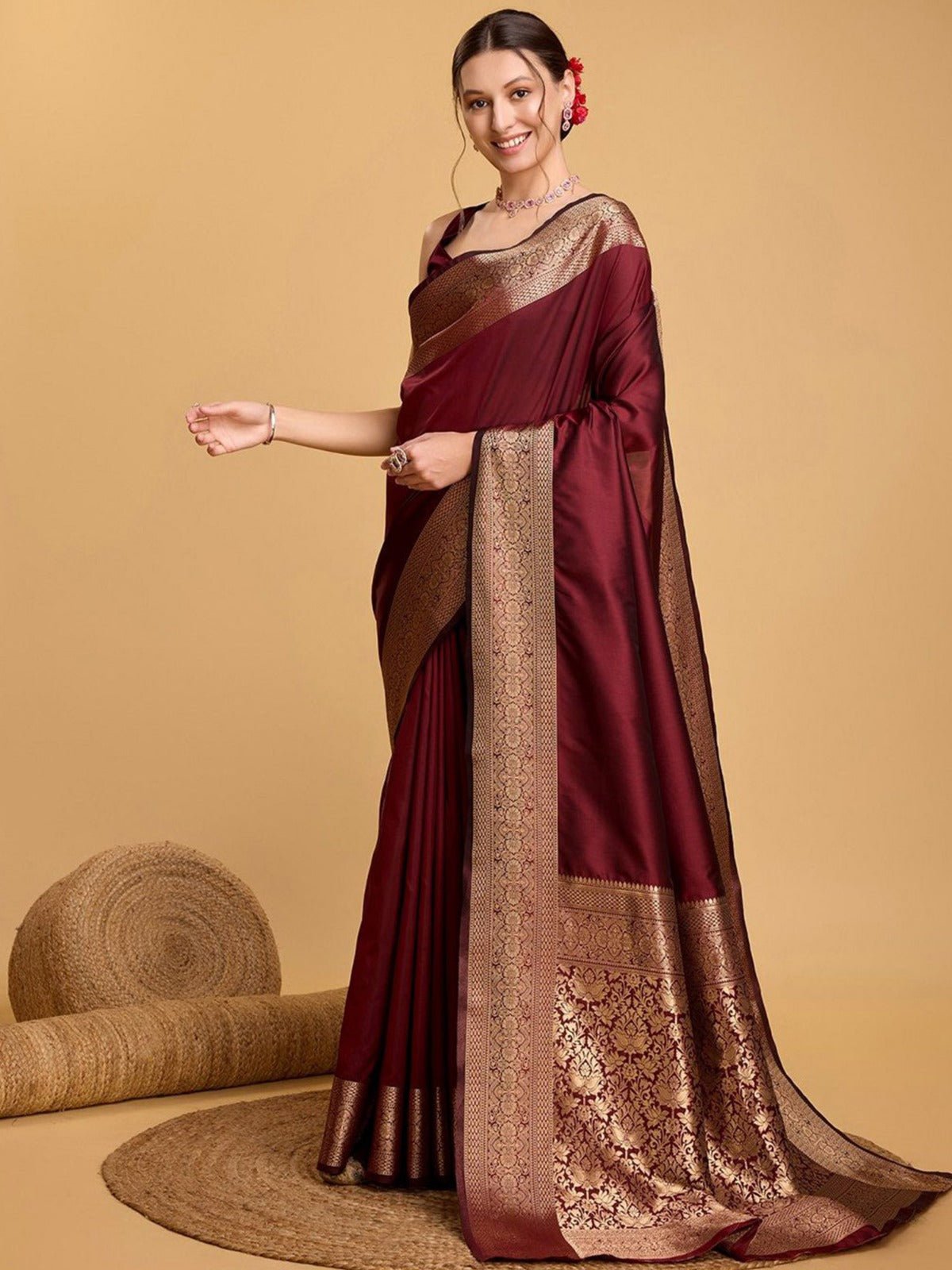 Maroon Banarasi Silk Saree with Gold Zari Border - Ressa