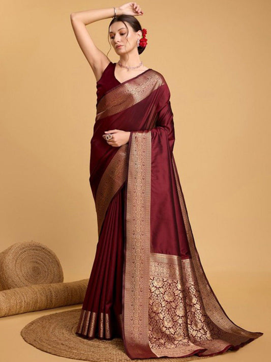Maroon Banarasi Silk Saree with Gold Zari Border - Ressa
