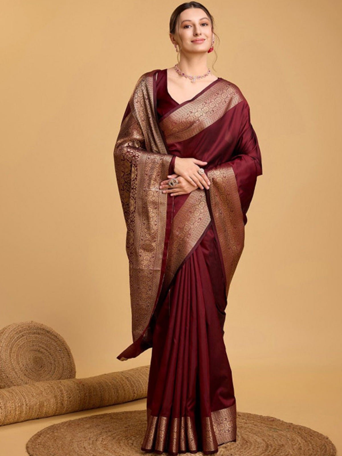 Maroon Banarasi Silk Saree with Gold Zari Border - Ressa