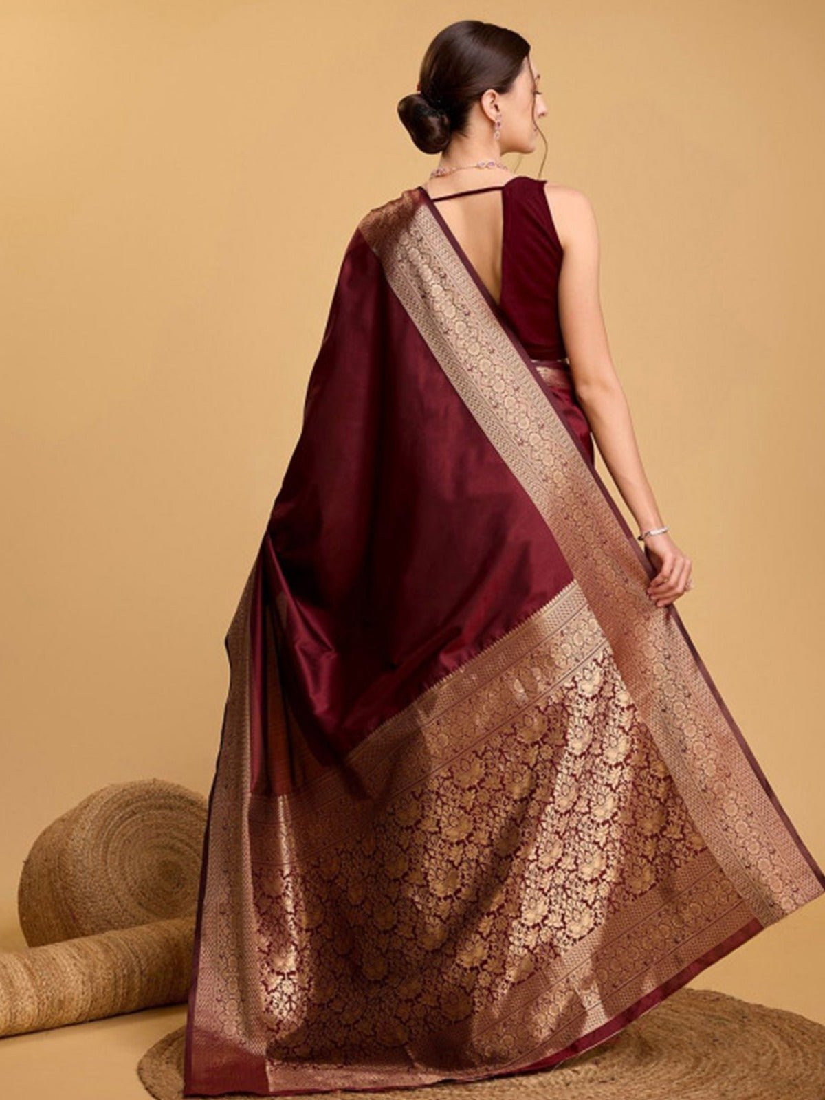 Maroon Banarasi Silk Saree with Gold Zari Border - Ressa