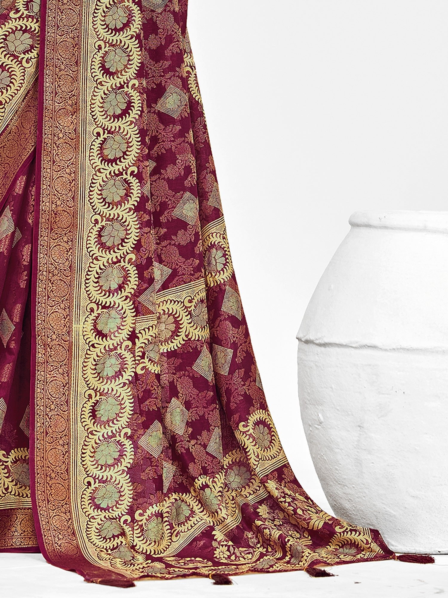 Maroon Banarasi Silk Saree with Gold Zari Weave | Bridal Collection - Ressa