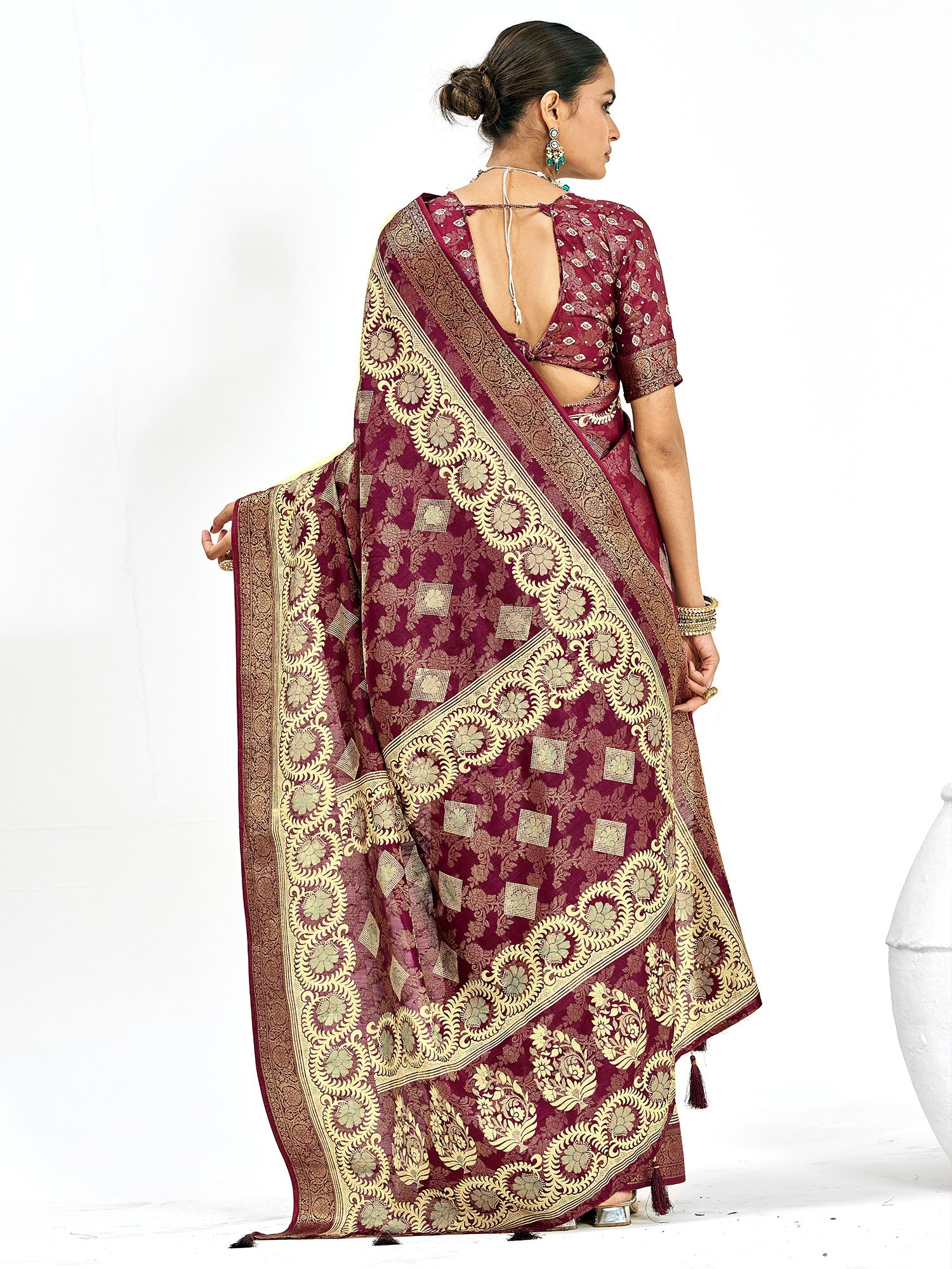 Maroon Banarasi Silk Saree with Gold Zari Weave | Bridal Collection - Ressa