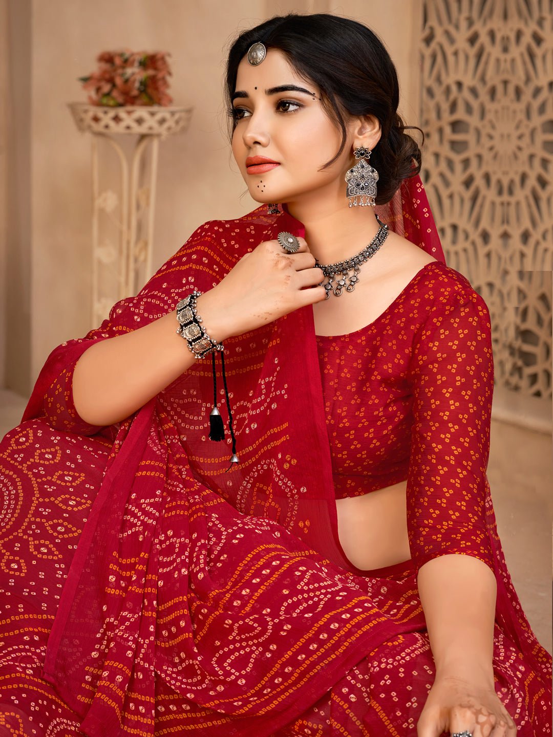 Maroon Bandhani Print Georgette Saree - Ressa