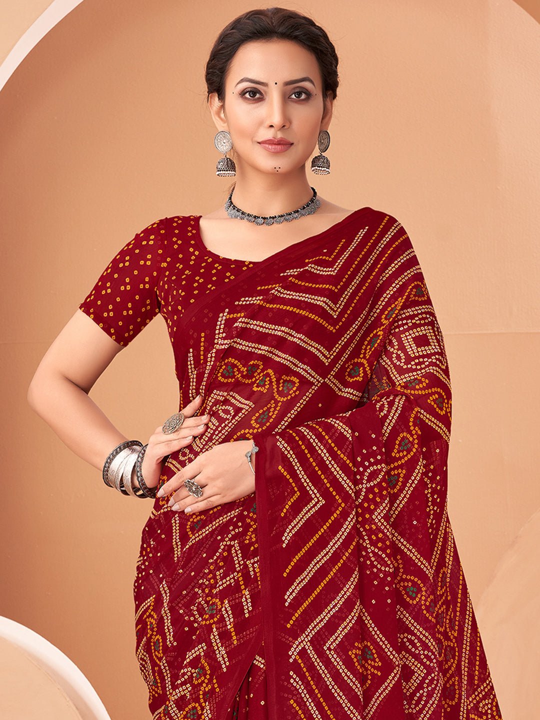 Maroon Bandhani Print Georgette Saree - Ressa