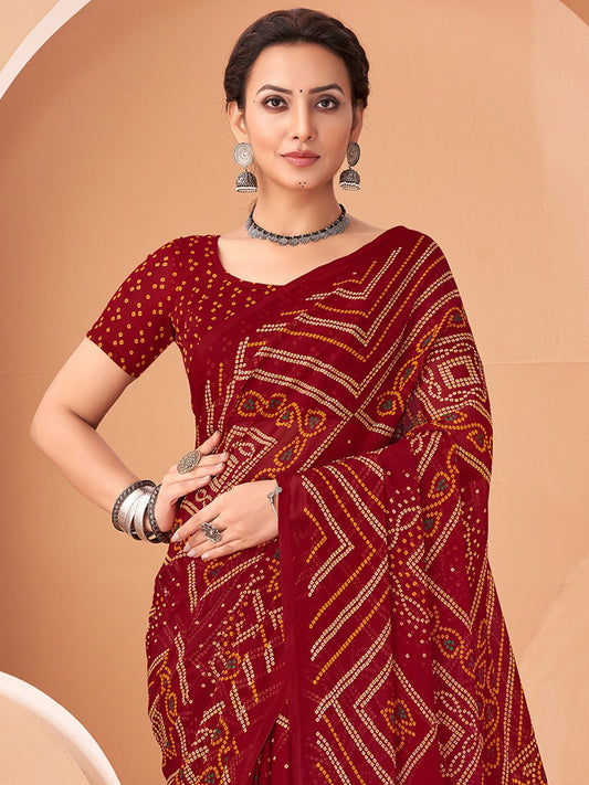 Maroon Bandhani Print Georgette Saree - Ressa