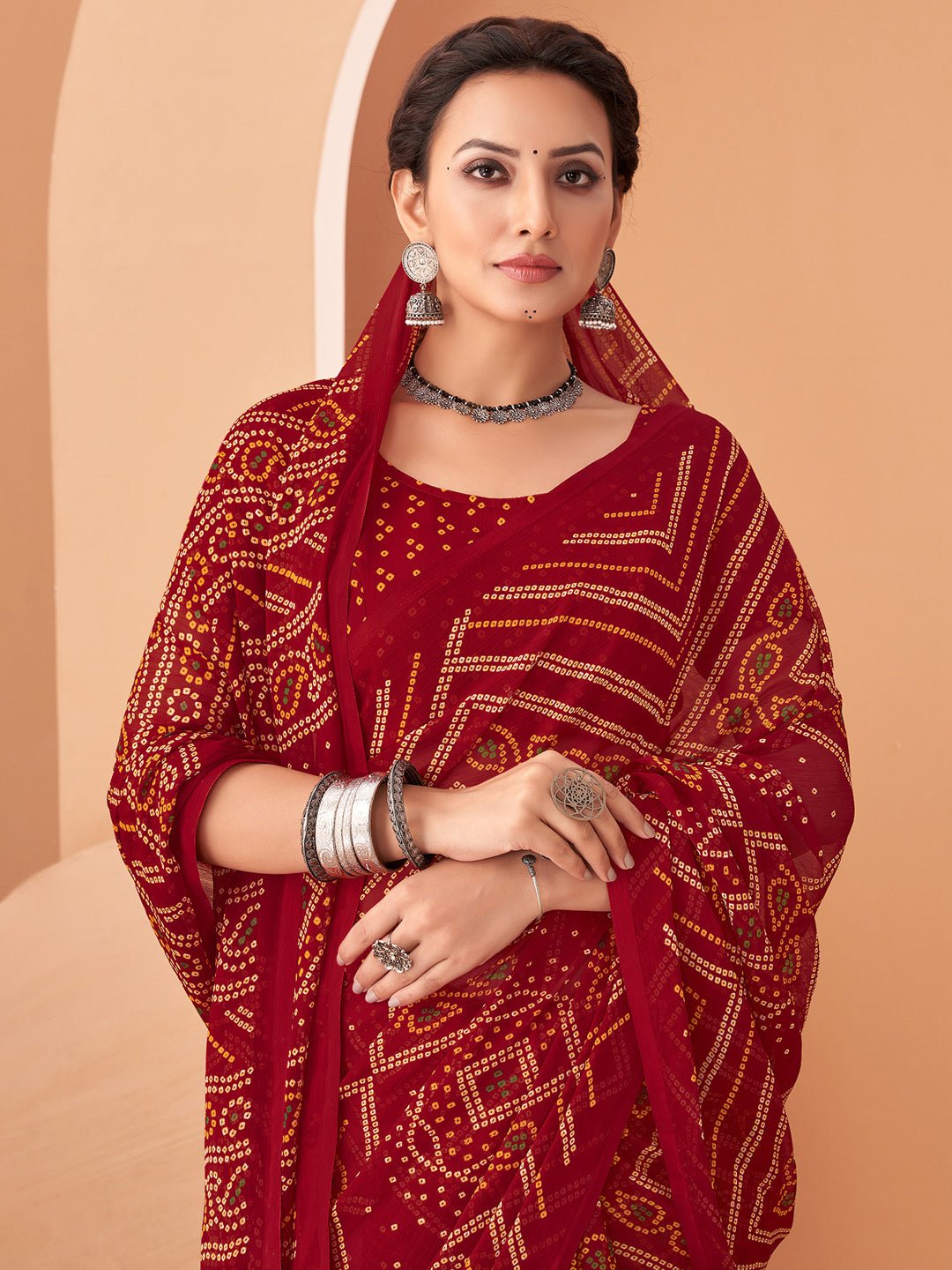 Maroon Bandhani Print Georgette Saree - Ressa
