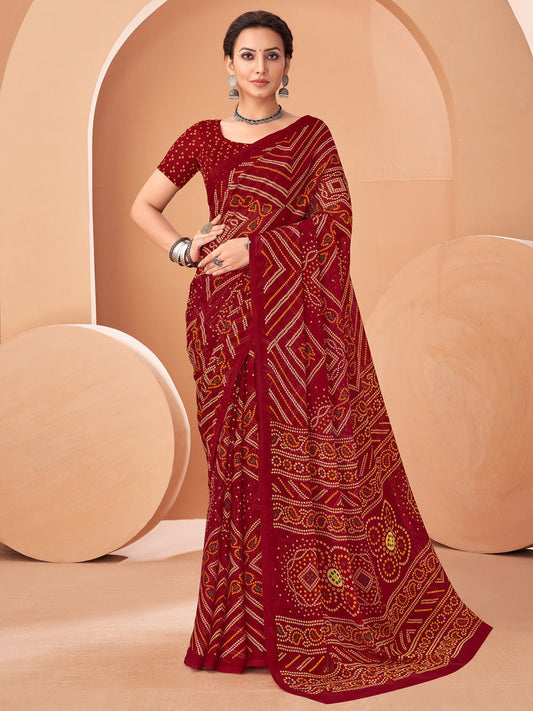 Maroon Bandhani Print Georgette Saree - Ressa