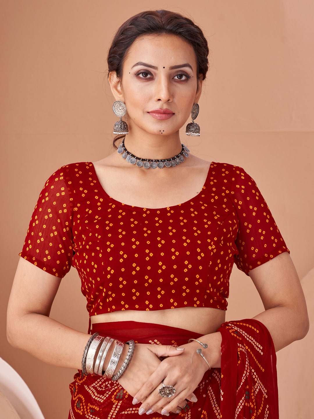 Maroon Bandhani Print Georgette Saree - Ressa