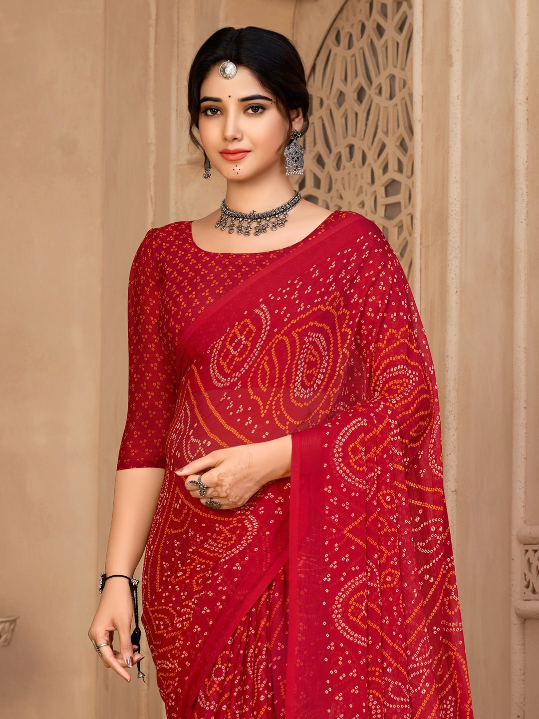 Maroon Bandhani Print Georgette Saree - Ressa