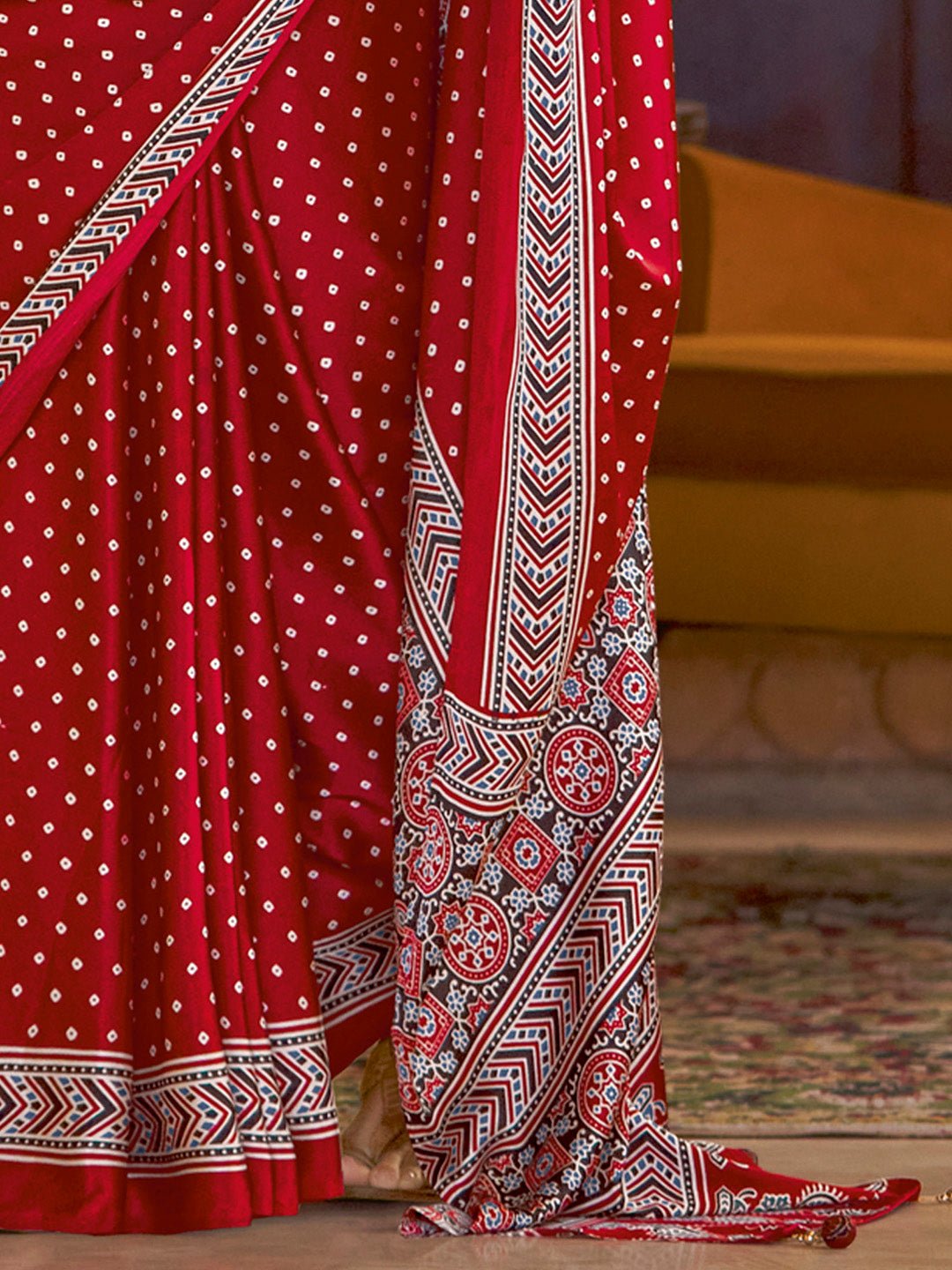 Maroon Bandhni Prited Saree - Ressa