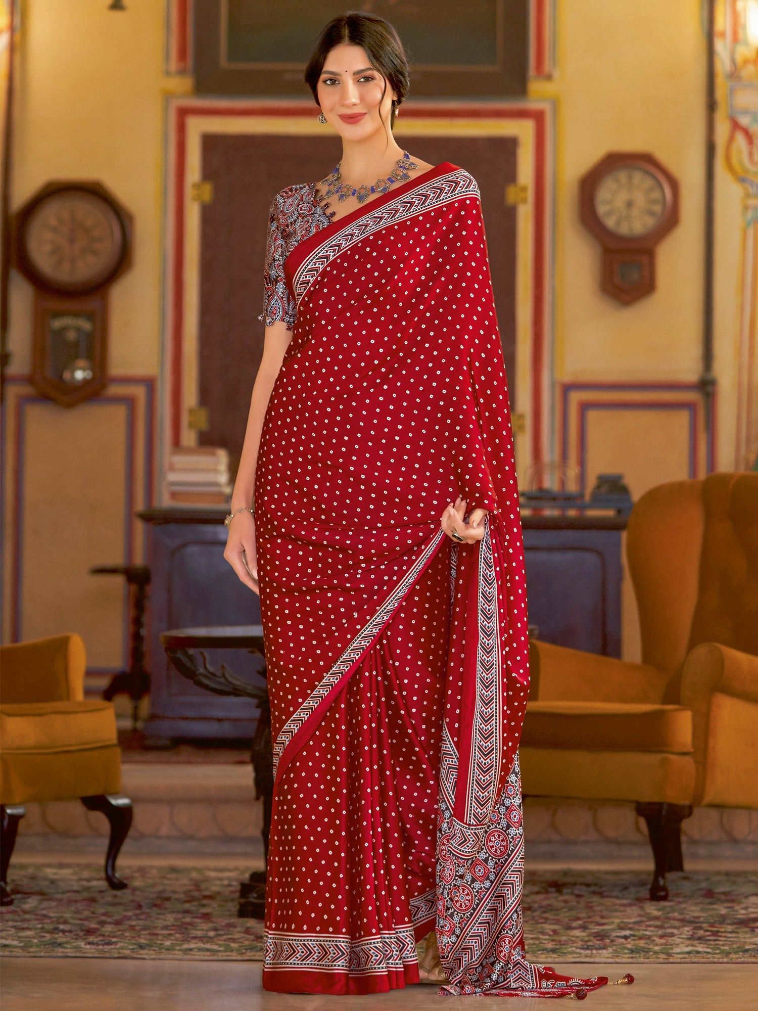 Maroon Bandhni Prited Saree - Ressa