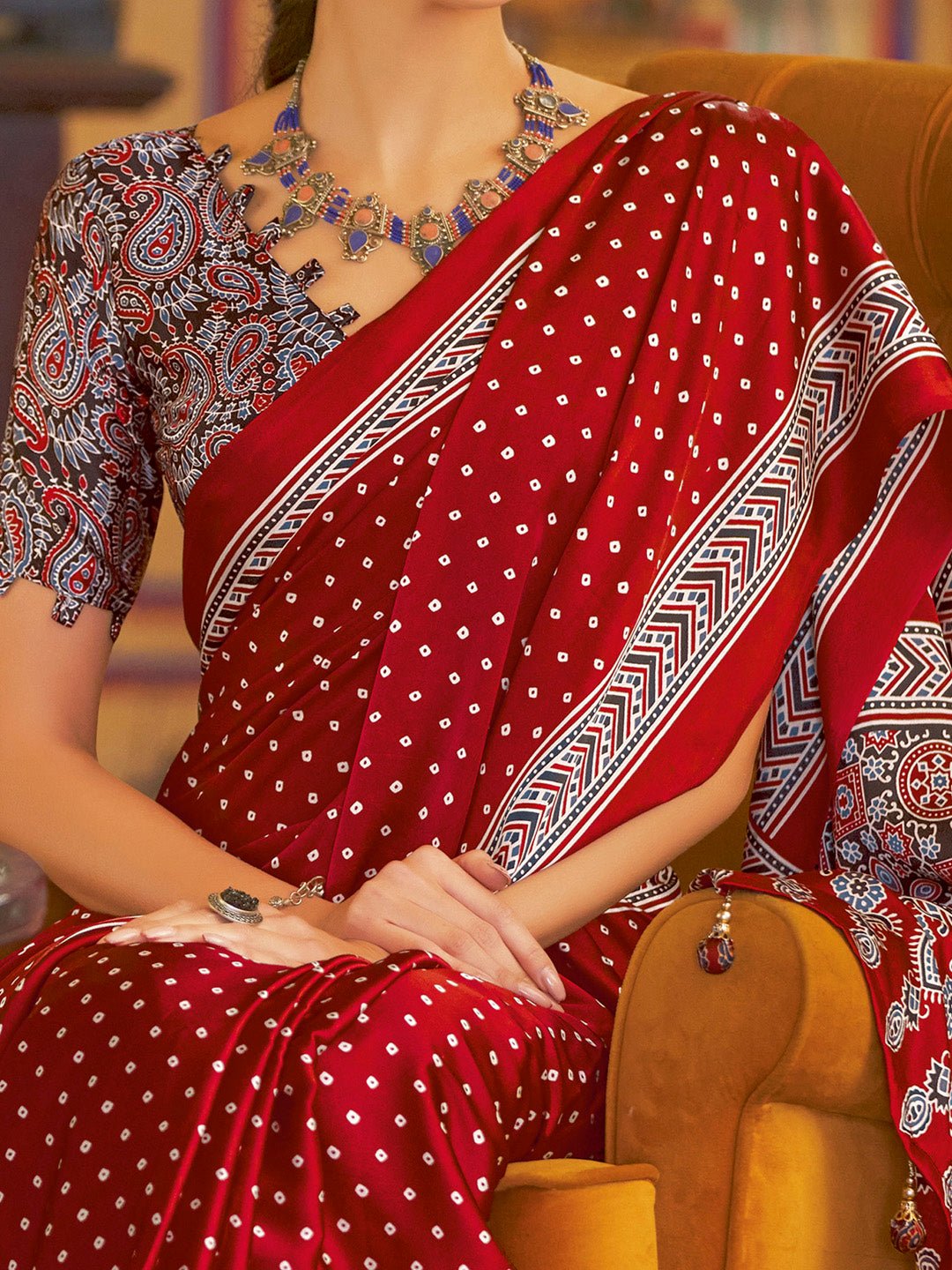 Maroon Bandhni Prited Saree - Ressa