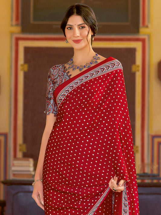 Maroon Bandhni Prited Saree - Ressa