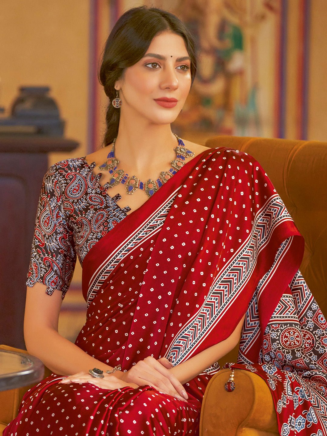 Maroon Bandhni Prited Saree - Ressa