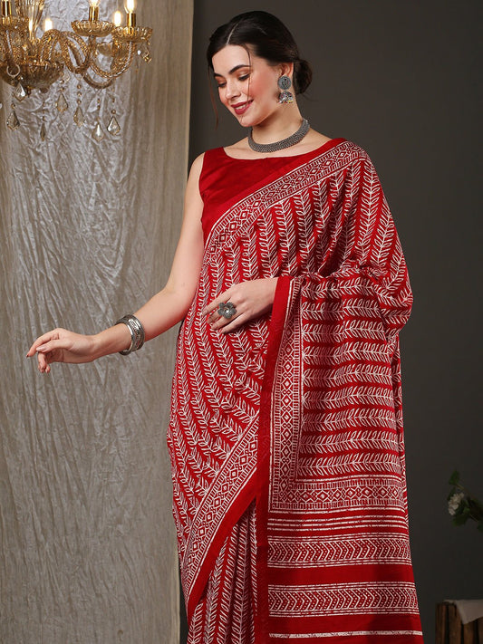 Maroon Bhagalpuri Silk Batik Printed Saree - Ressa