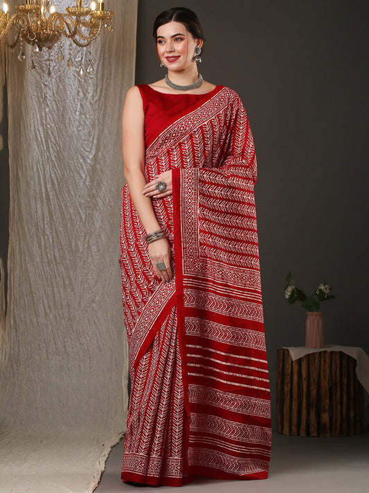 Maroon Bhagalpuri Silk Batik Printed Saree - Ressa