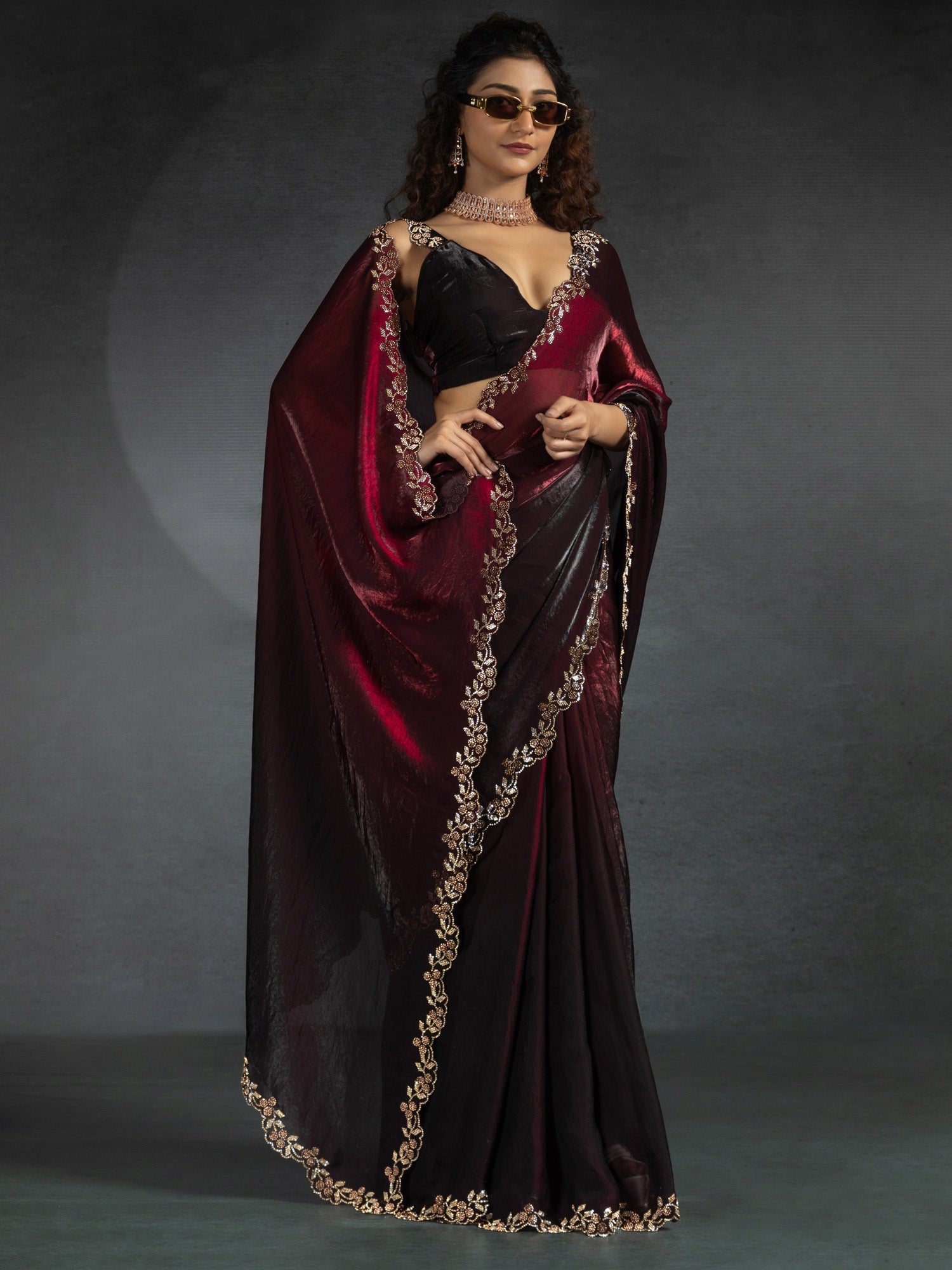 Maroon & Black Satin Silk Dual Tone Scalloped Border Blouse Saree - Ressa