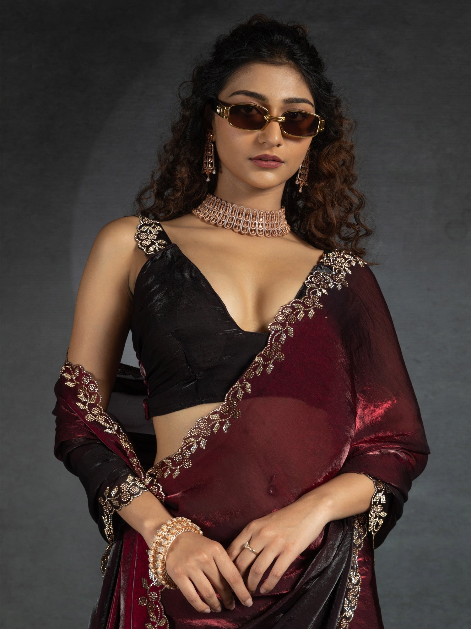 Maroon & Black Satin Silk Dual Tone Scalloped Border Blouse Saree - Ressa
