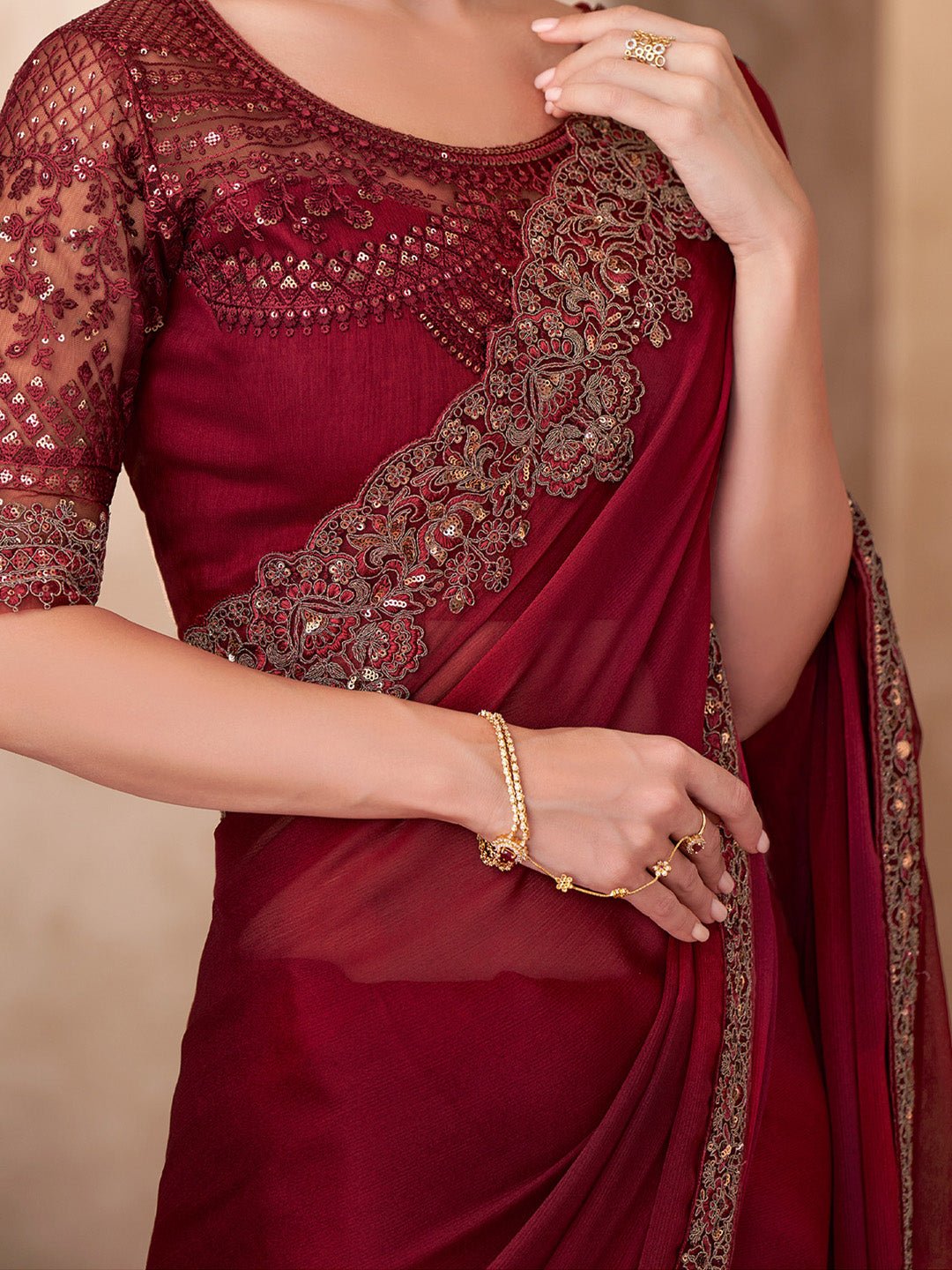Maroon Chiffon Embellished Party wear Saree - Ressa