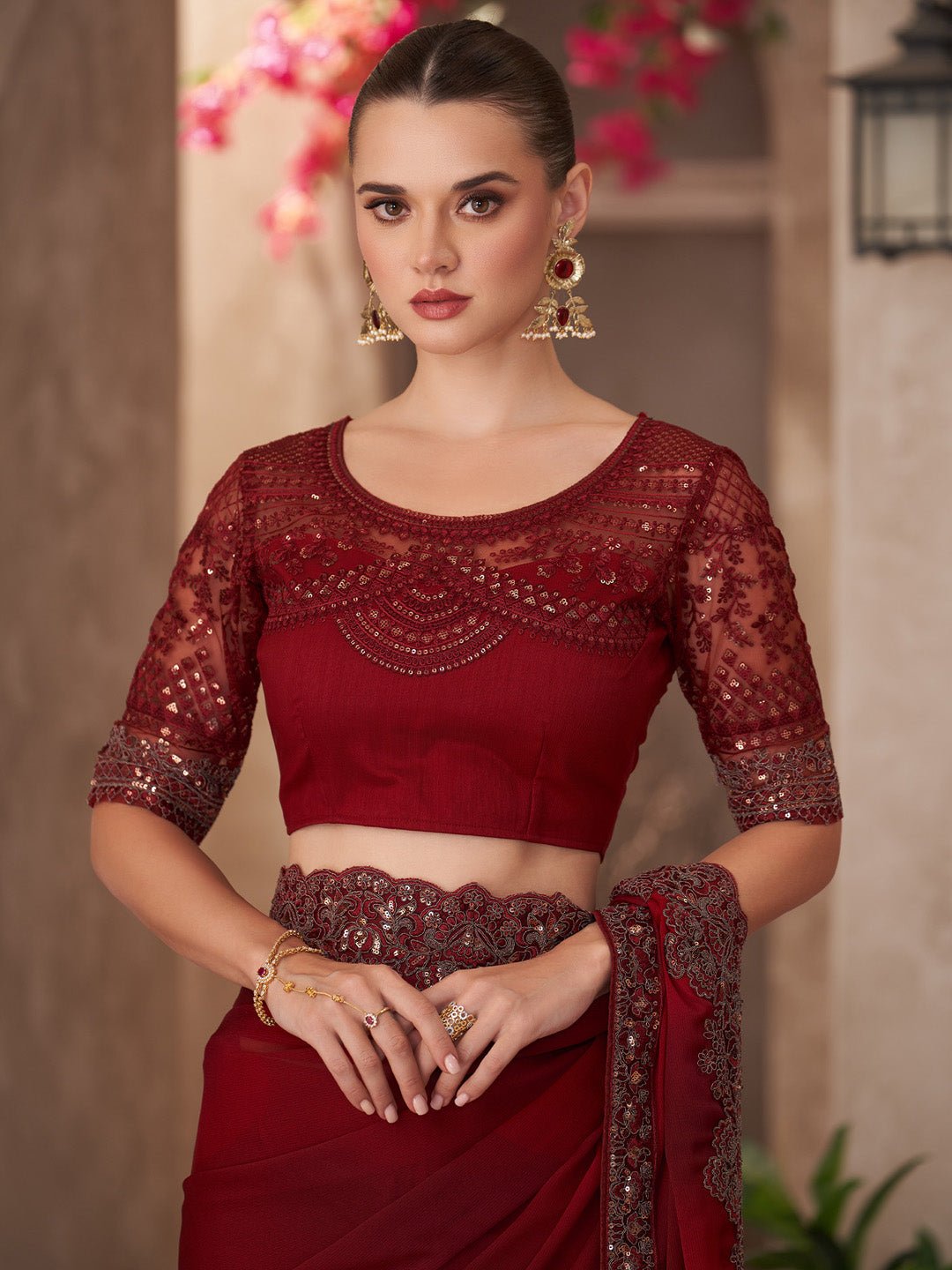 Maroon Chiffon Embellished Party wear Saree - Ressa
