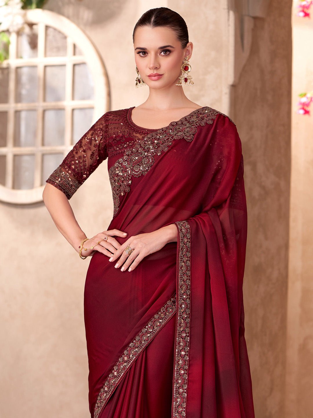 Maroon Chiffon Embellished Party wear Saree - Ressa