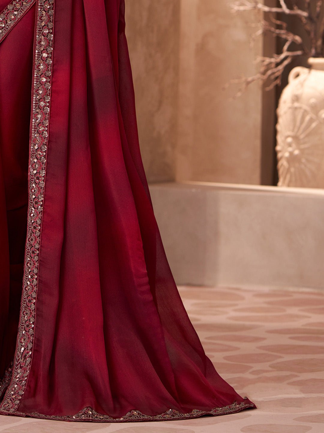 Maroon Chiffon Embellished Party wear Saree - Ressa