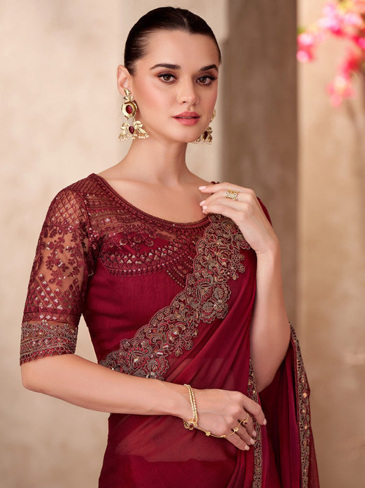 Maroon Chiffon Embellished Party wear Saree - Ressa