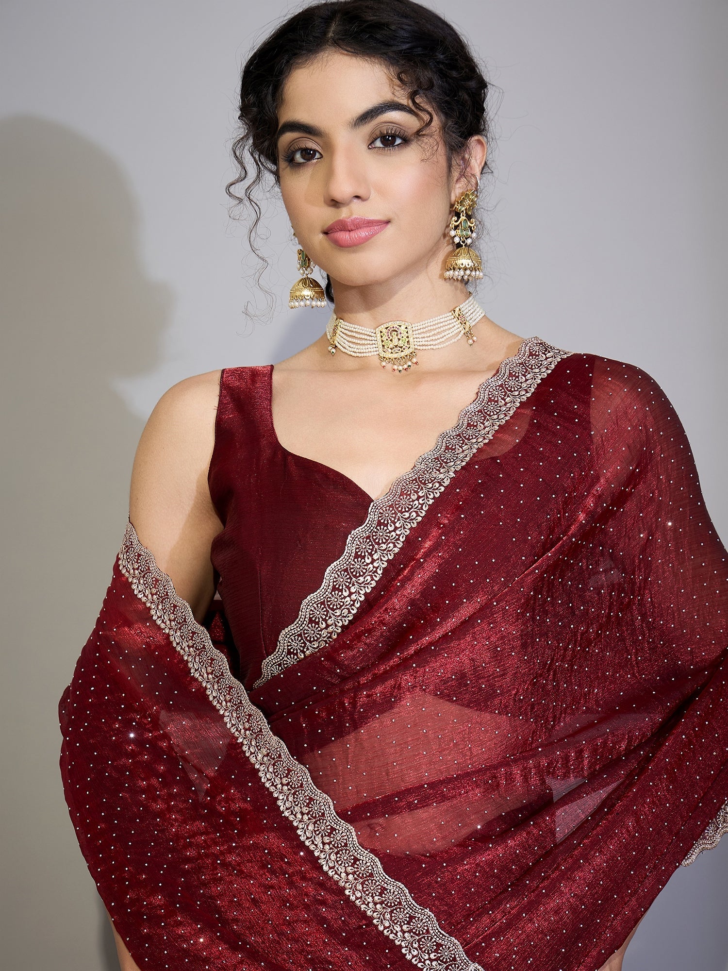 Maroon Chiffon Saree with Zari Stripes - Ressa