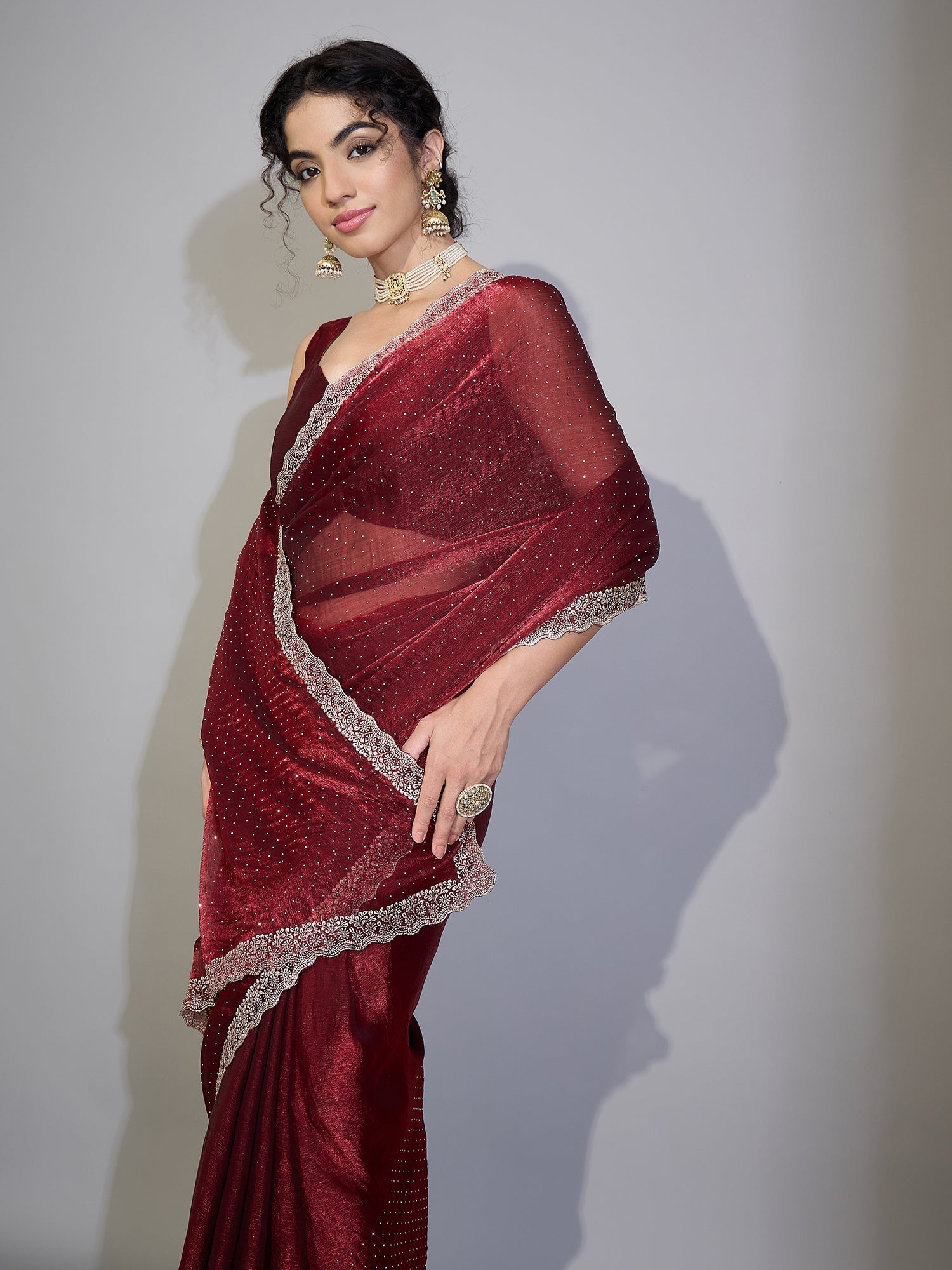 Maroon Chiffon Saree with Zari Stripes - Ressa