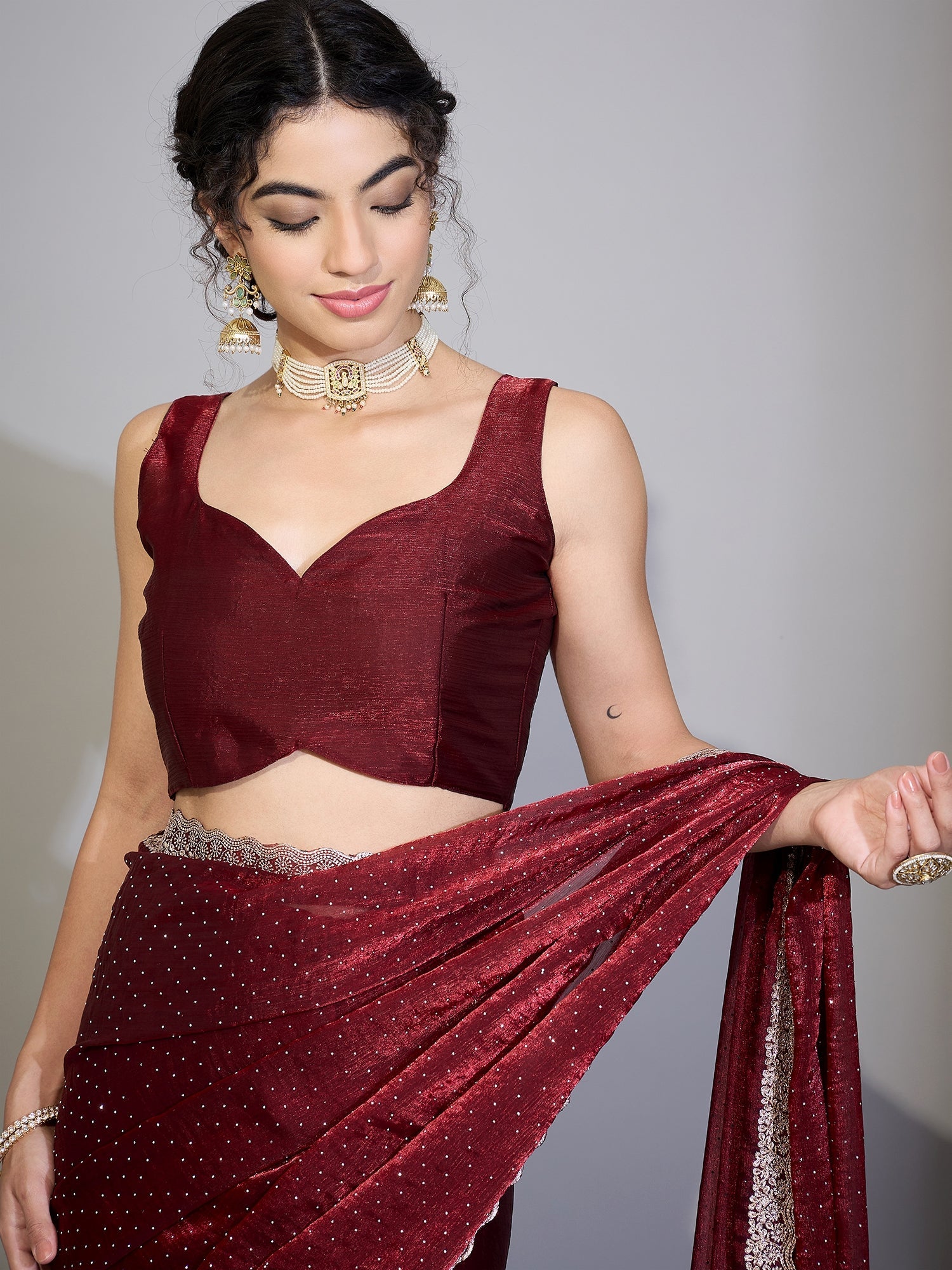 Maroon Chiffon Saree with Zari Stripes - Ressa
