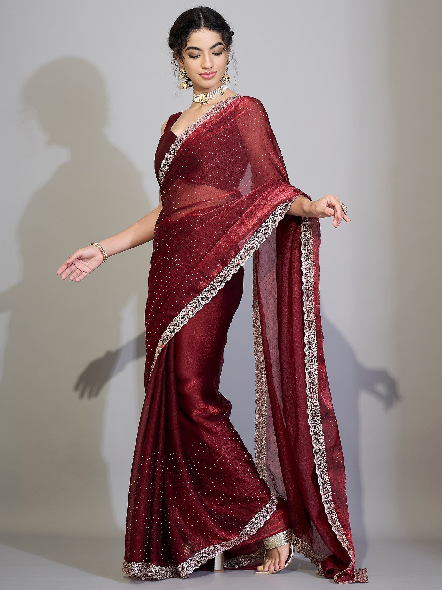 Maroon Chiffon Saree with Zari Stripes - Ressa