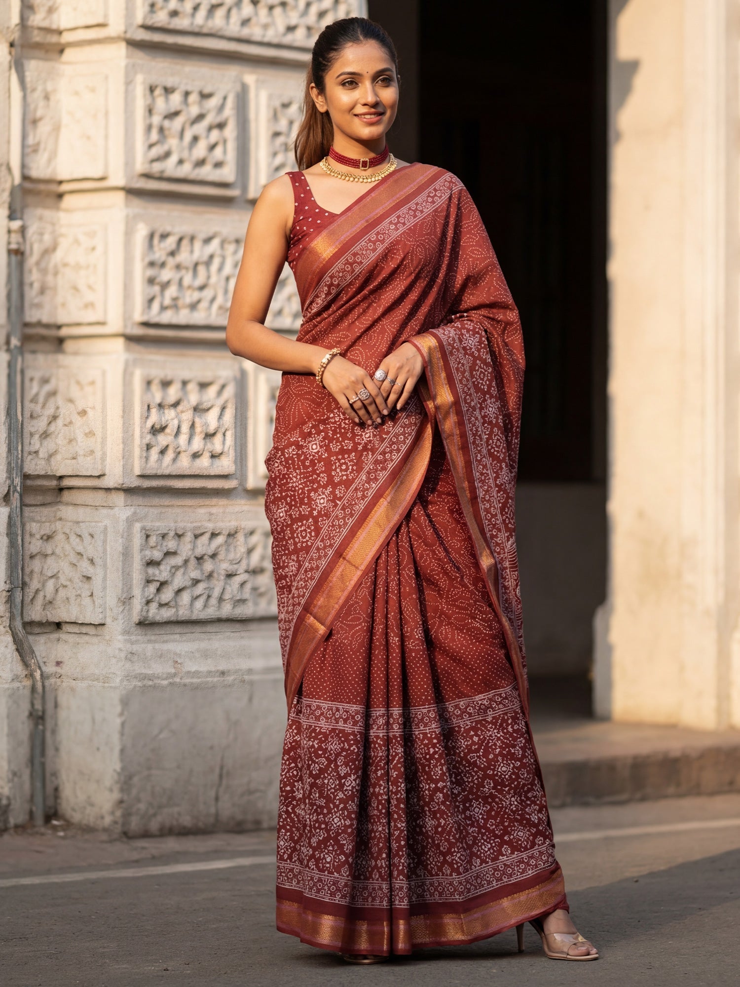 Maroon Cotton Blend Printed Saree - Ressa
